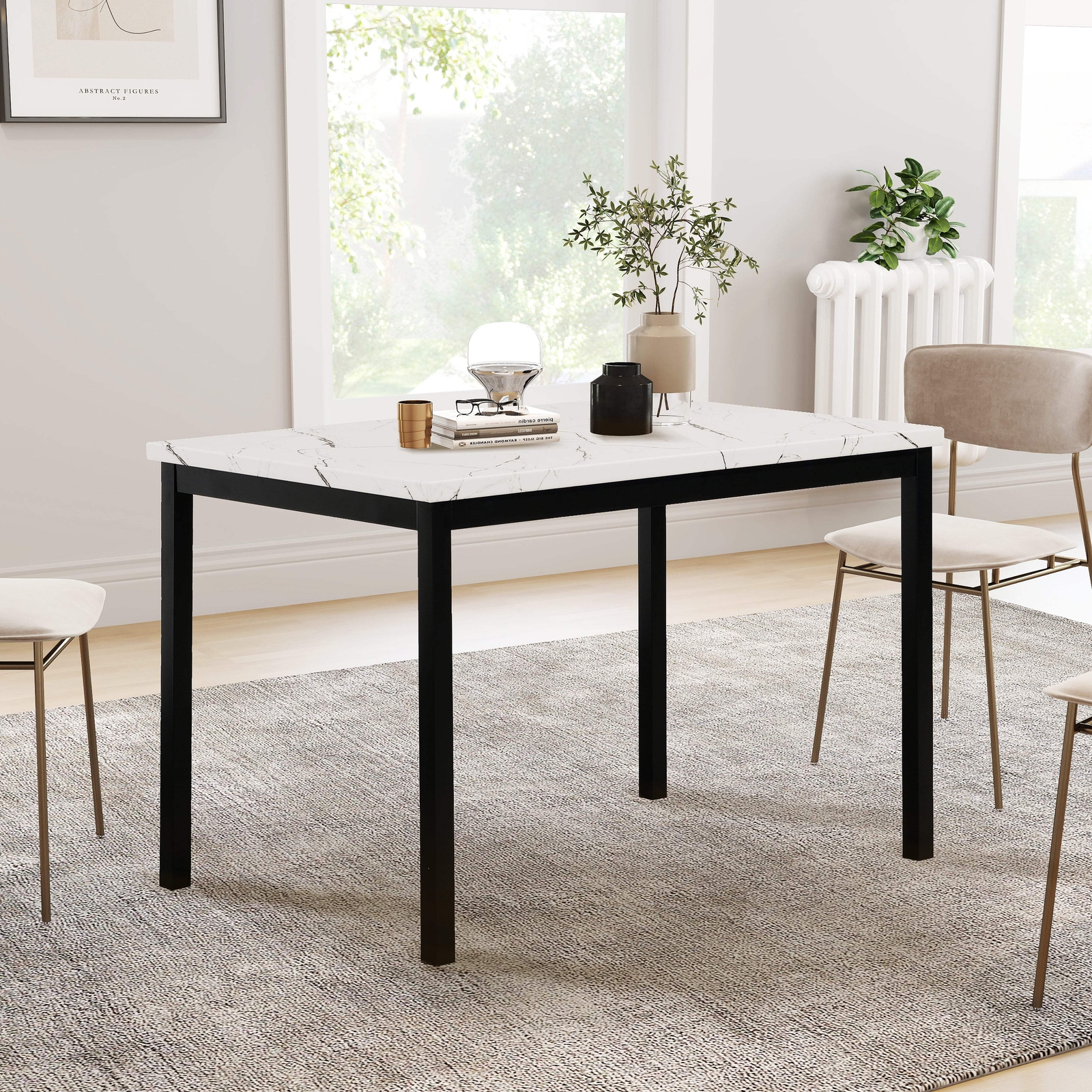 Noyes Metal Dining Table with Laminated Faux Marble Top, Off-White