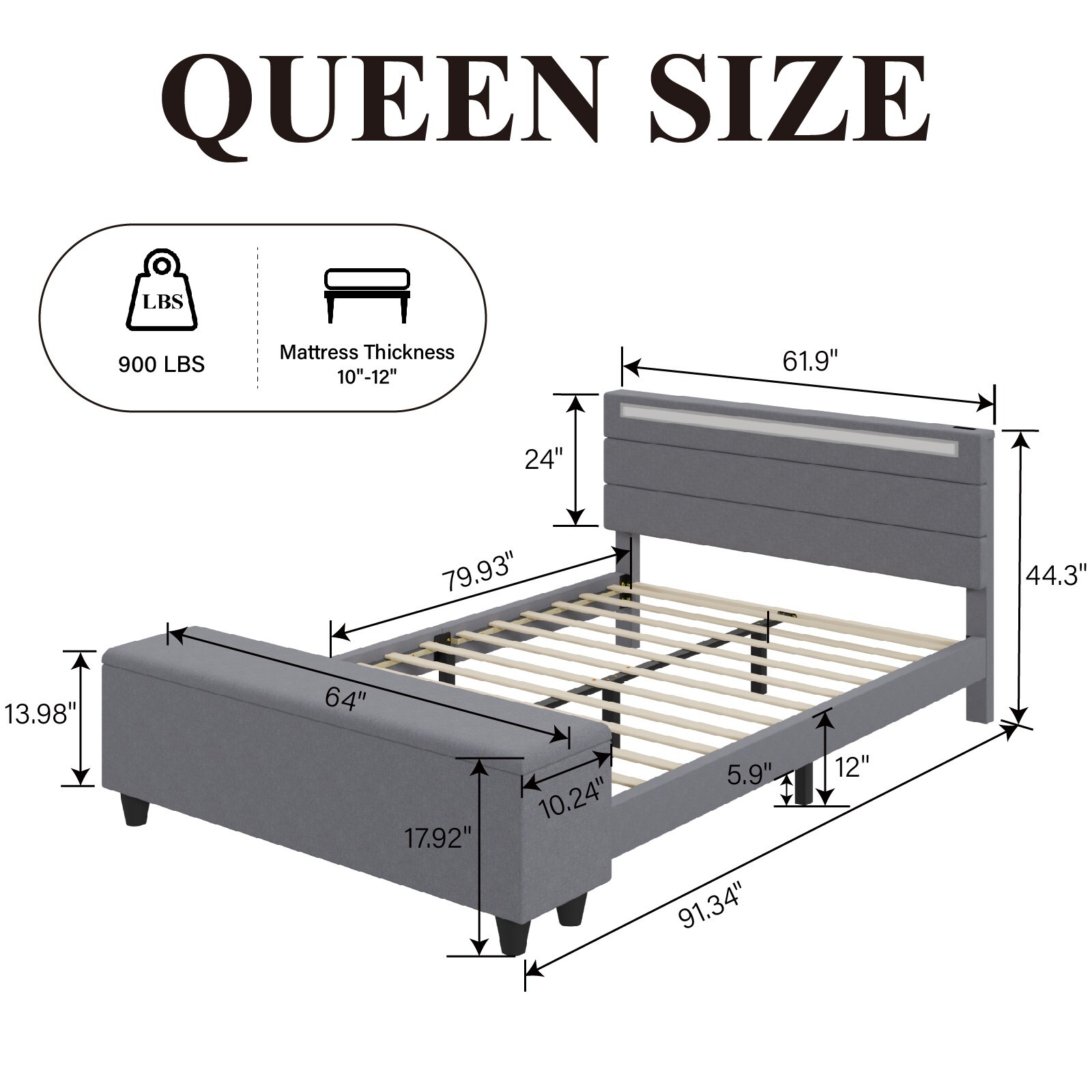 Queen/Full Bed Frame with Storage/Upholstered Headboard with Charging Station