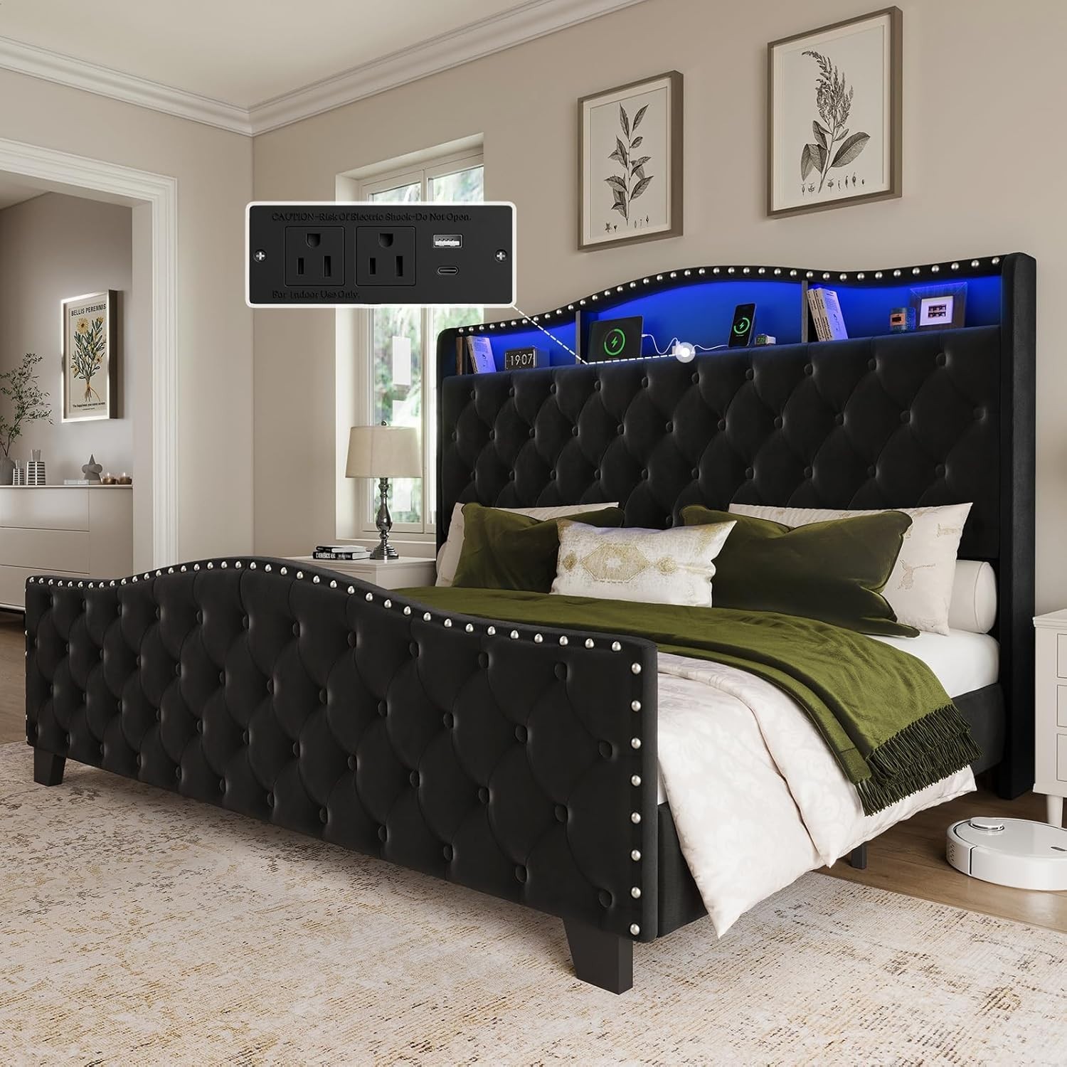 King Size Bed Frame and Headboard,50.9″ Velvet Upholstered Wingback Bedframe