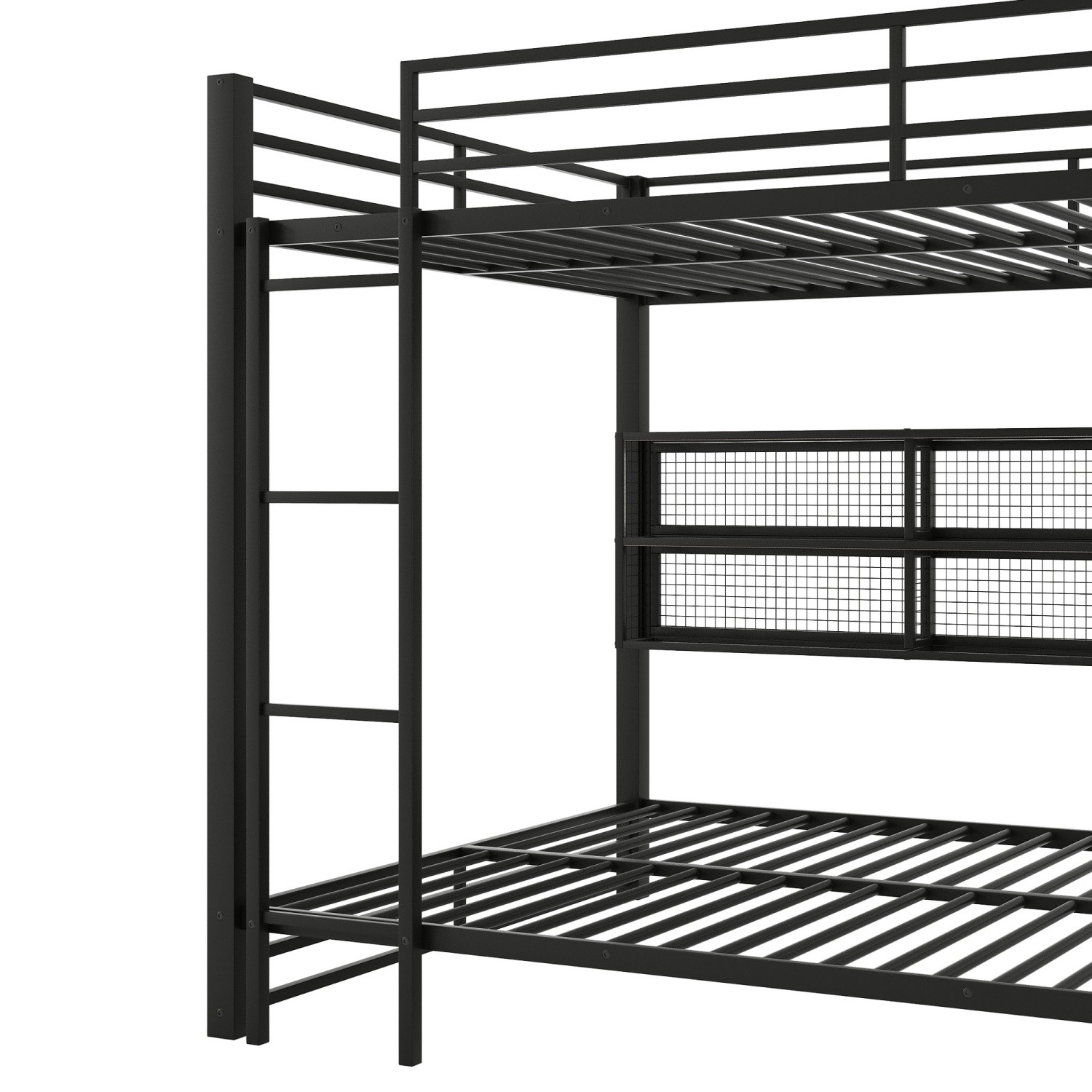 Queen Over Queen Metal Bunk Bed Frame with LED Lights & Storage Cabinets Black
