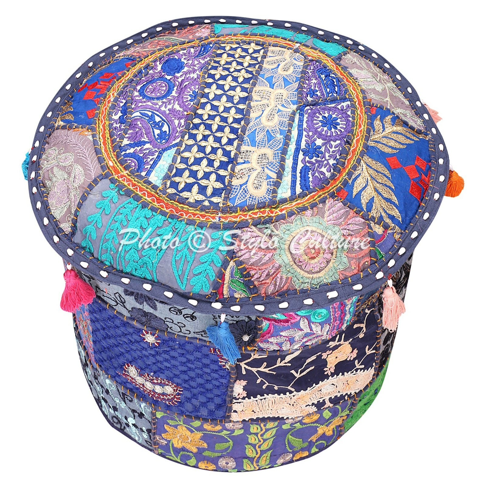 Indian Round Pouf Cover Patchwork Embroidered Fabric Ottoman Bohemian 18″ Blue