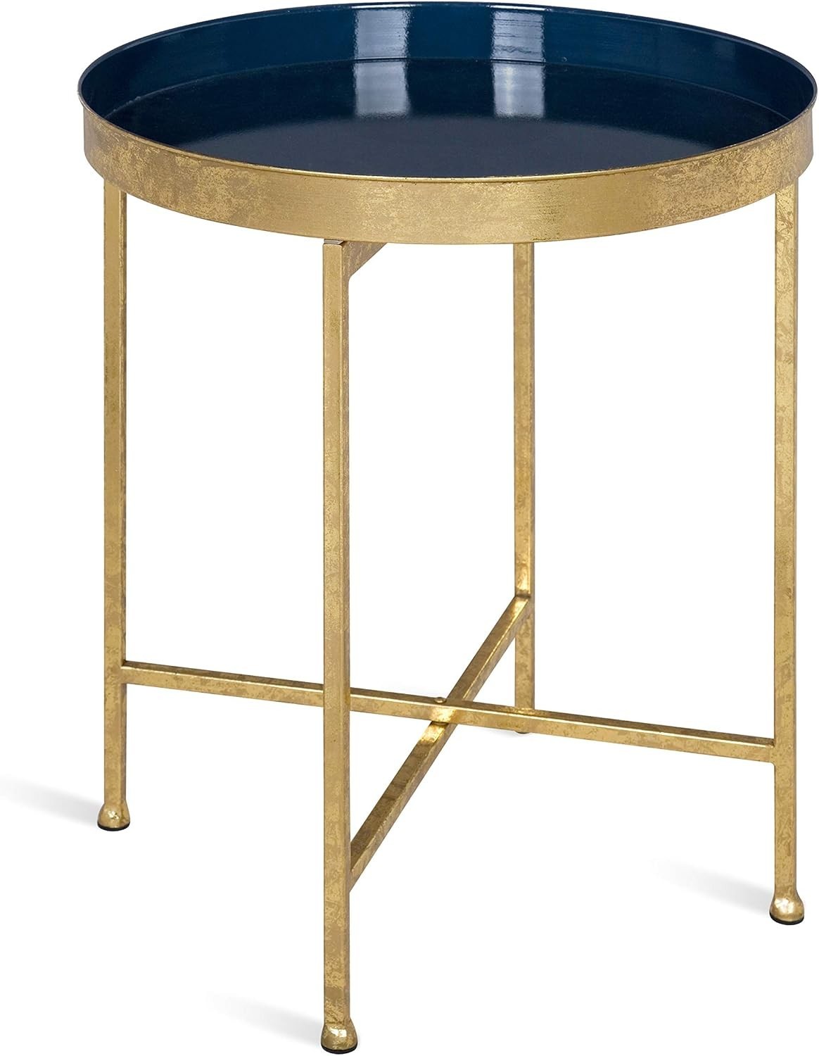 Table Metal Round Accent 18.25 In Foldable Tray Gold Navy Surface Modern
