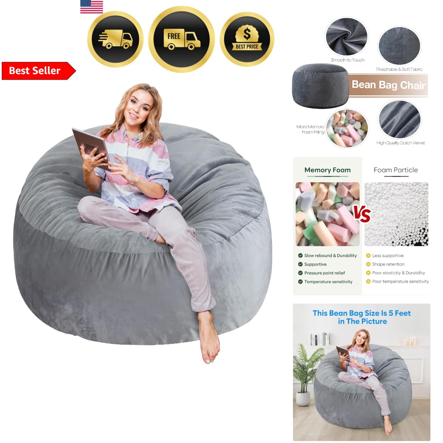 Large Bean Bag Chair for Adults Teens Memory Foam Soft Velvet Comfortable
