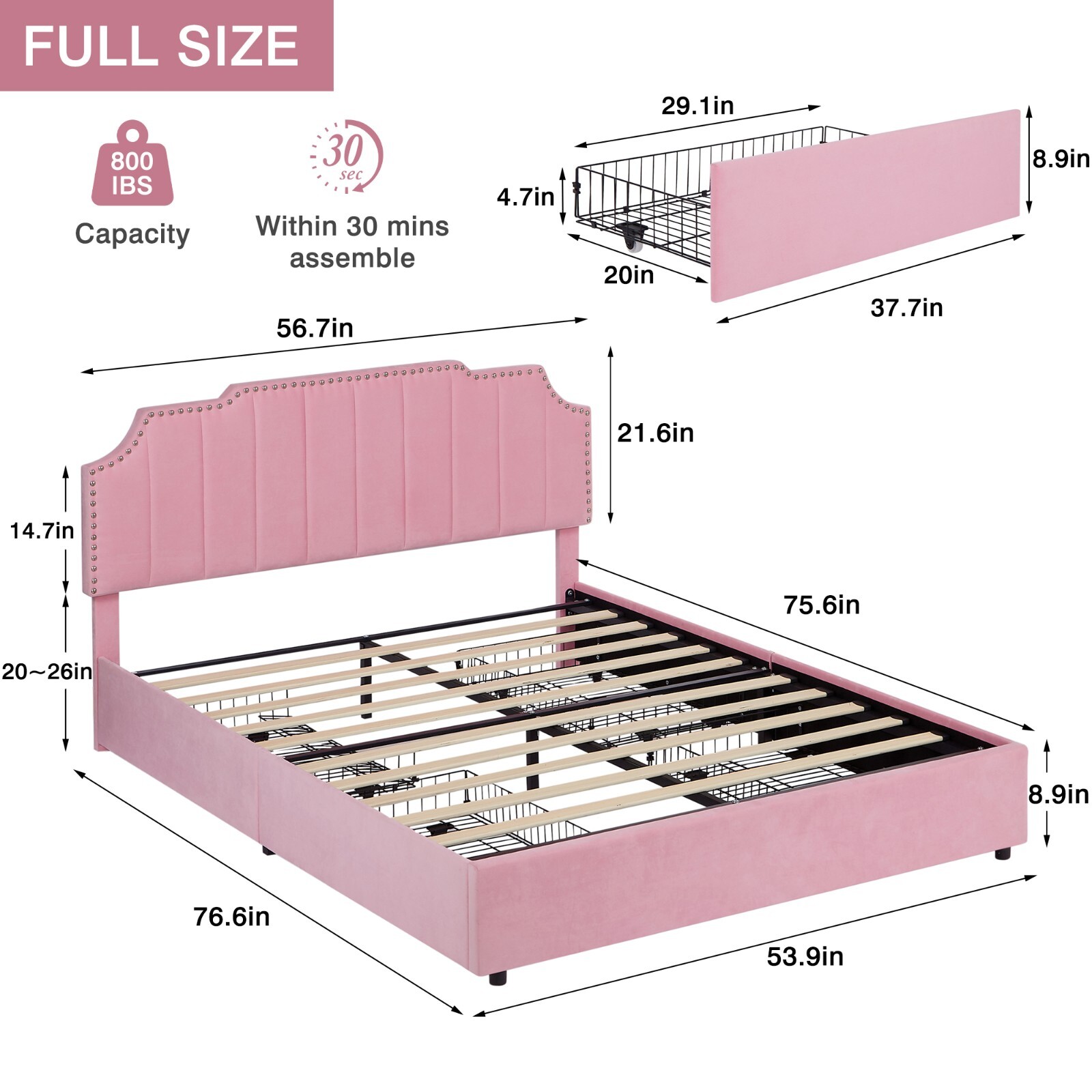 Full/Queen Upholstered Bed Frame with 4 Storage Drawers & Adjustable Headboard