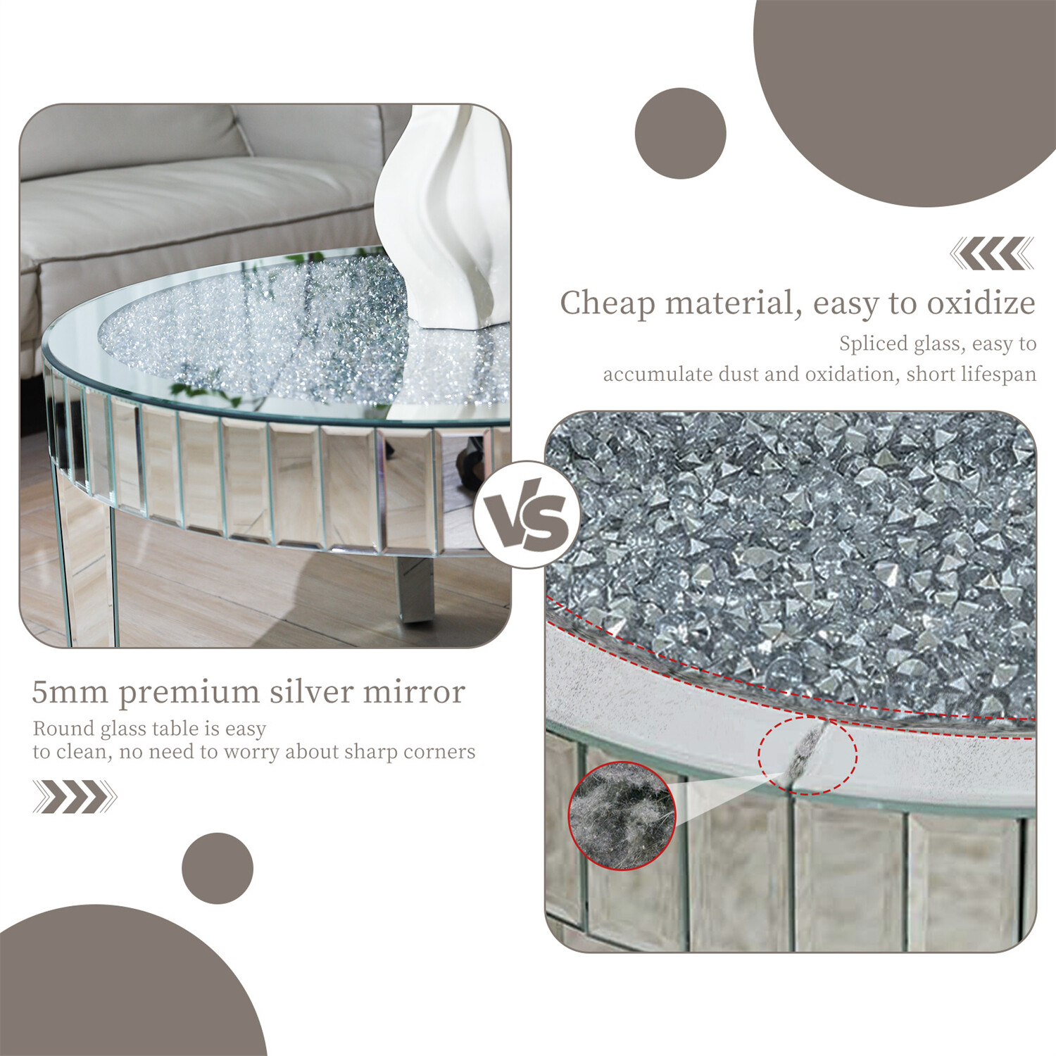 Shiny Silver Mirrored Coffee Table Mirror Crystal Inlay Round End Cocktail Table
