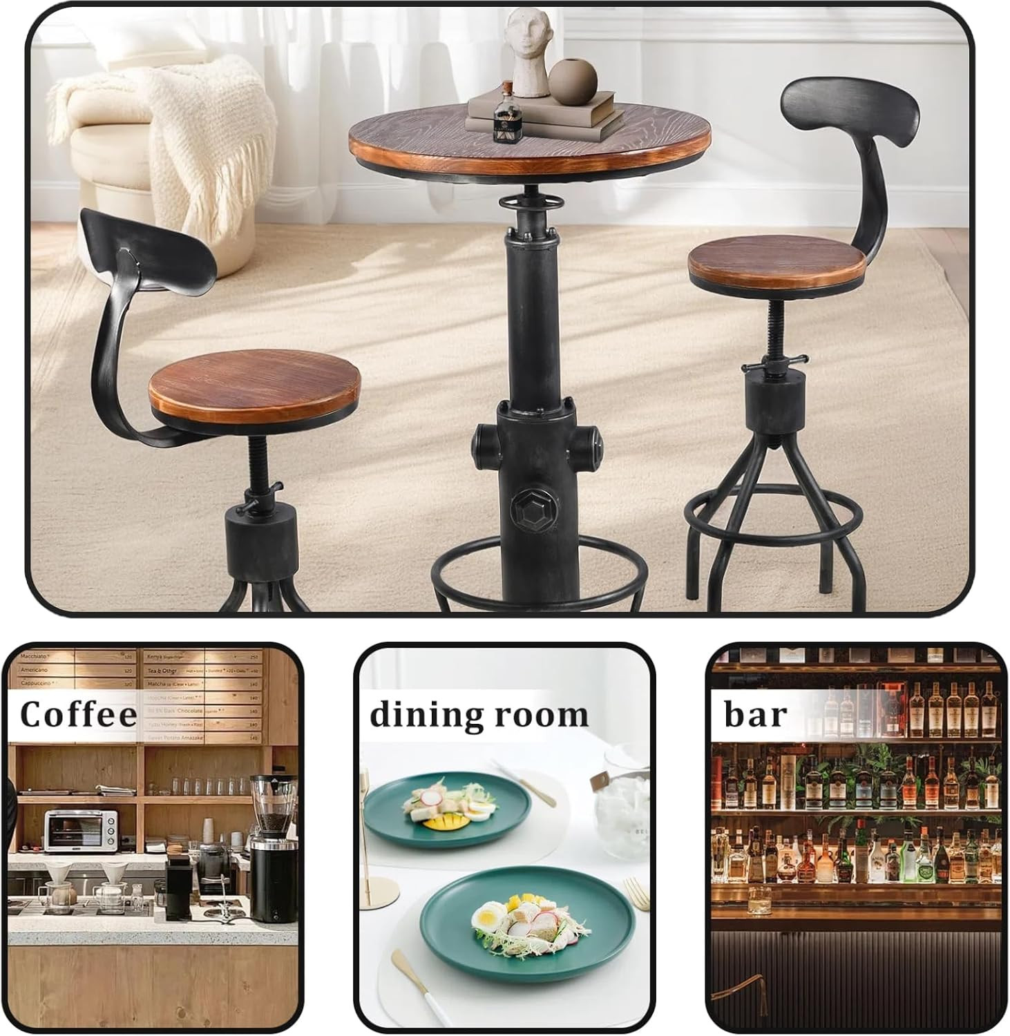 Height Adjustable Industrial Bistro Table for Kitchen & Office – Wooden Top
