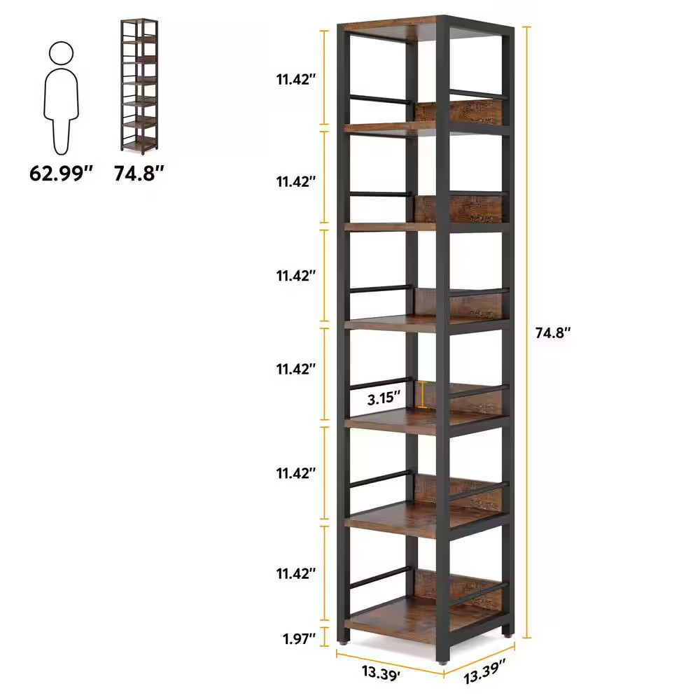 75 In. Tall Brown Engineered Wood 6-Shelf Etagere Bookcase, Corner Bookshelf Nar