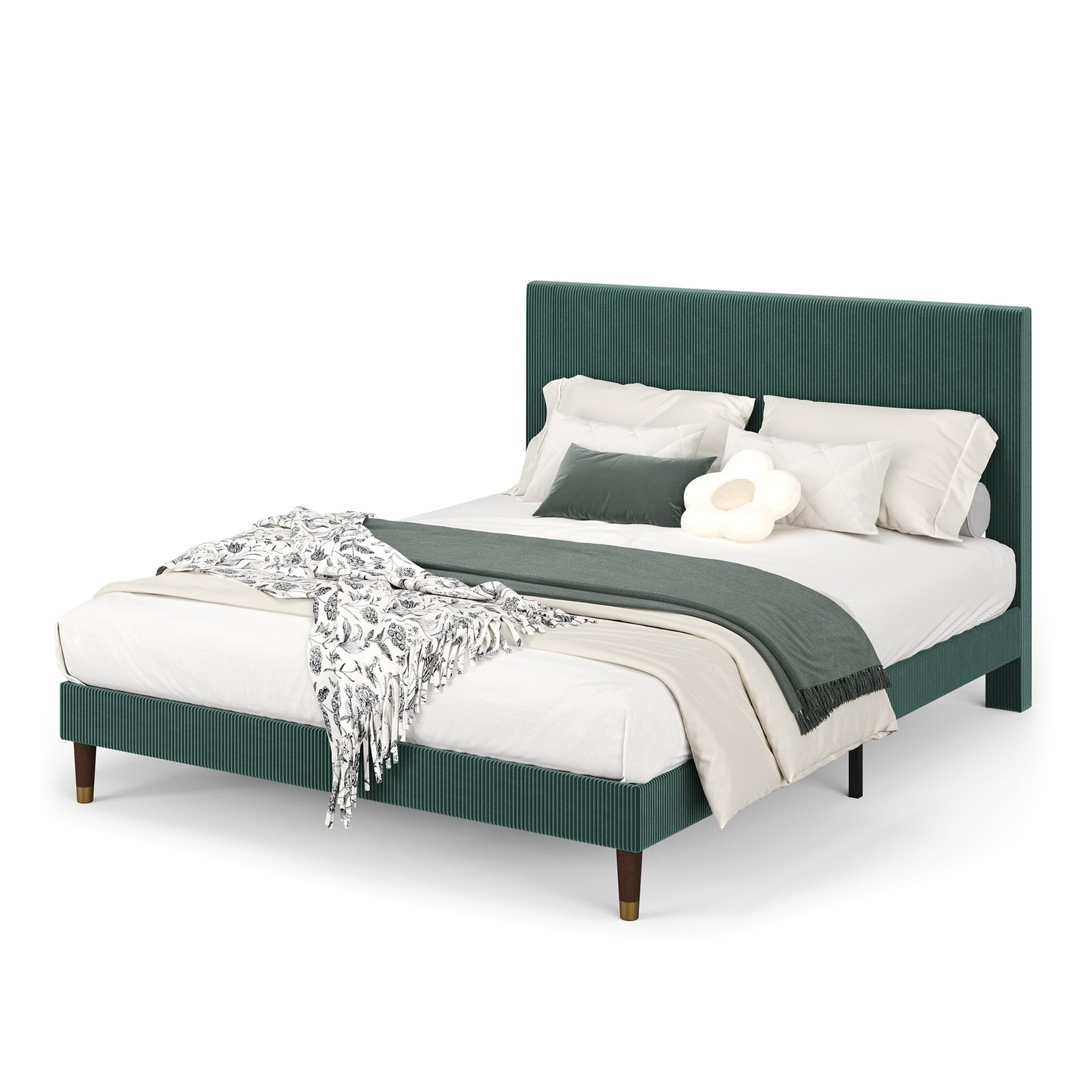 Upholstered Full Size Bed Frame Platform w/Fabric Headboard Wooden Slat 3 Colour