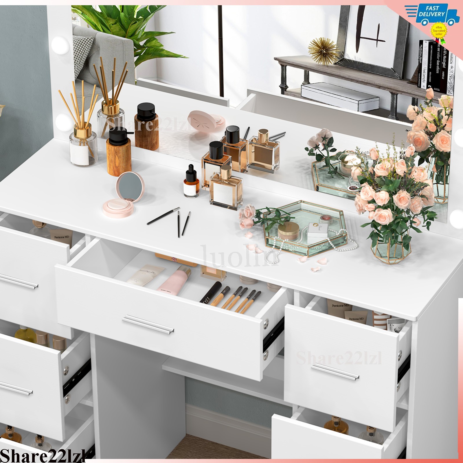 Makeup Vanity Table Set with Large LED Lighted Mirror Bedroom Dressing Dresser