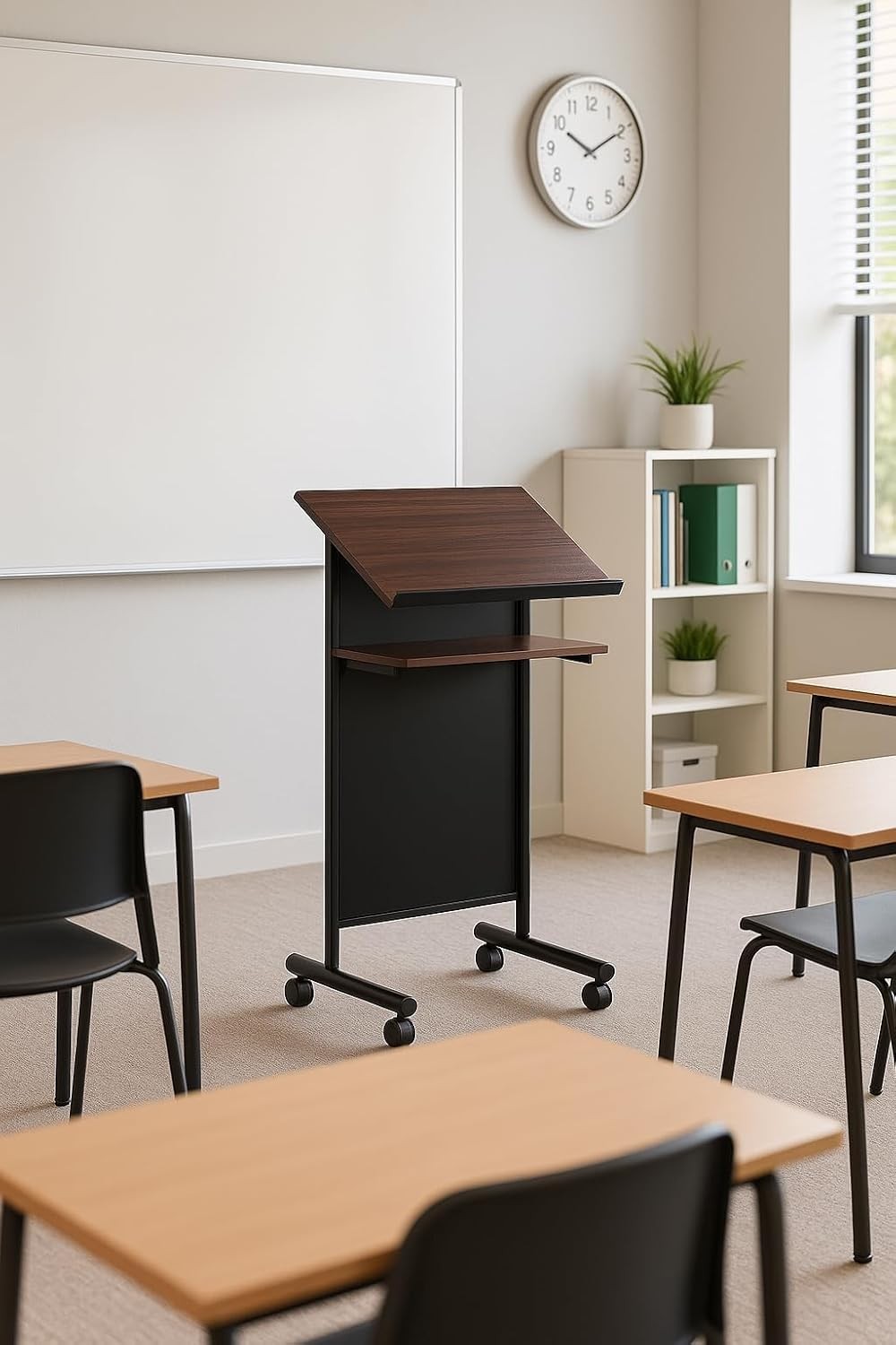 Wheeled Lectern Podium Standing Desk W/ Storage Shelf Cherry/Black Ideal