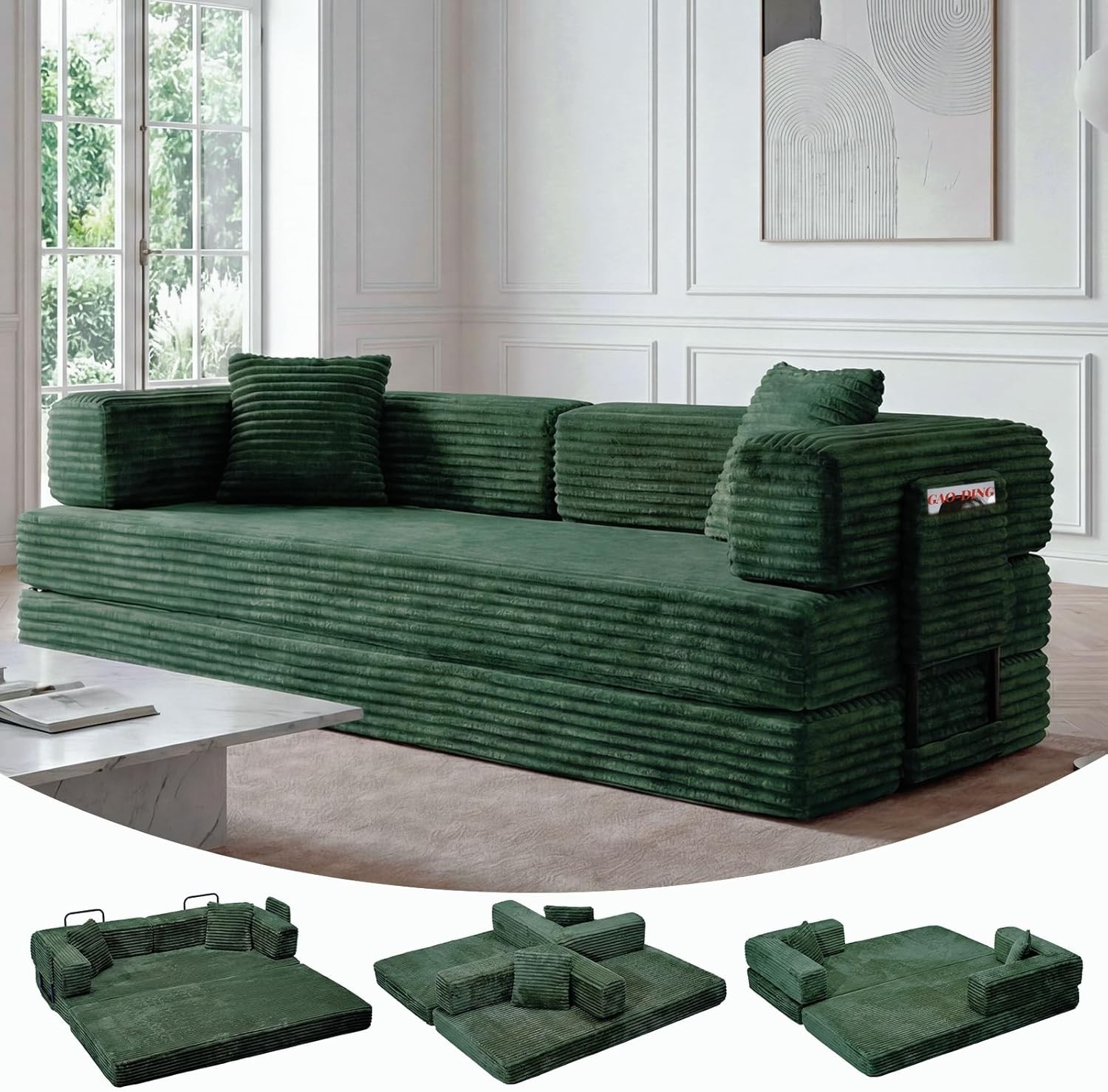 80.7” Queen Sofa Bed 5-in-1 Modular Convertible Sleeper Couch Futon with Pillow