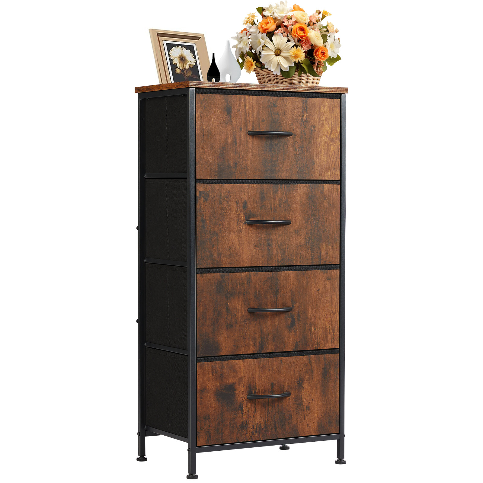 Skinny 4-Drawer Dresser – Fabric Storage Tower, Chest of Drawers for Bedroom