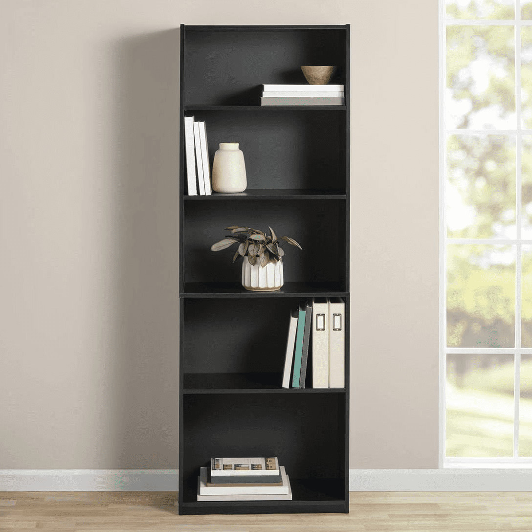 Mainstays 5-Shelf Bookcase with Adjustable Shelves, True Black Oak