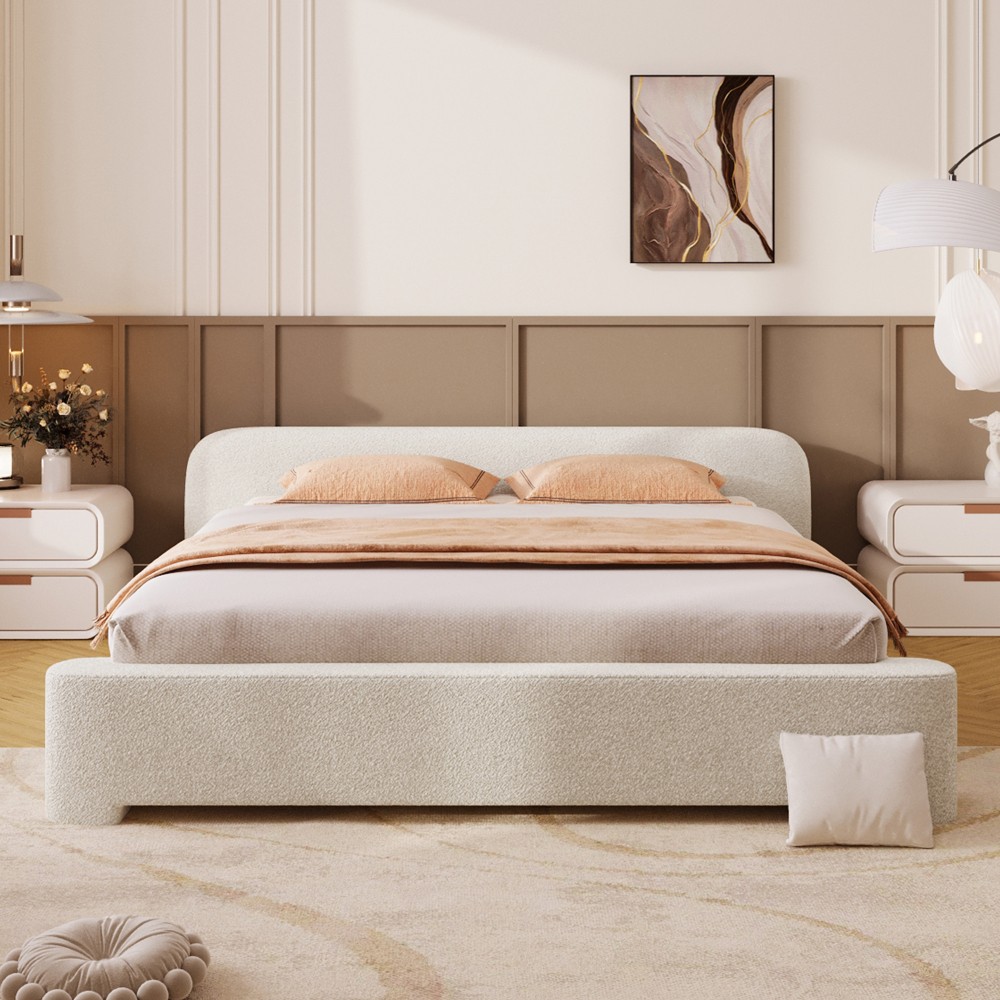Boucle Fabric Upholstered Platform Bed Cozy Minimalist Dreamy Bedroom Bed Frame