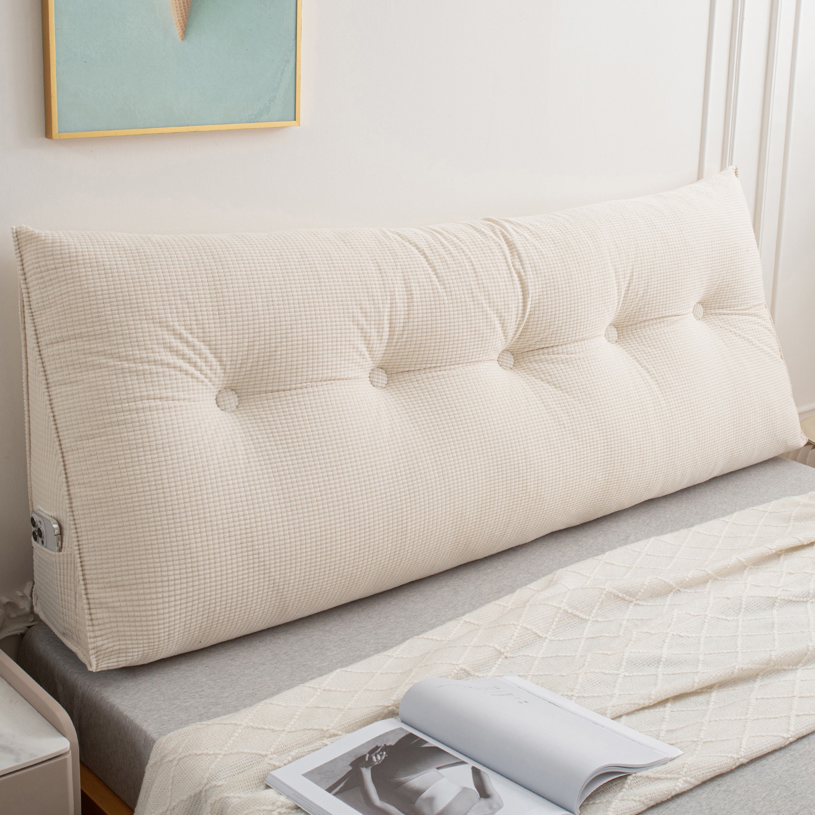 Headboard Pillow for Dorm Bed Overstuffed Backrest Cushion w/Side Pocket 39″-79″