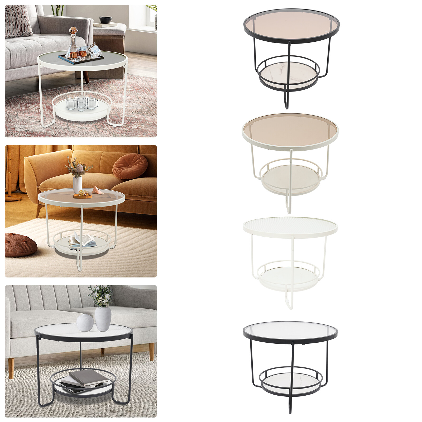 Modern Round 2-Tier Side Table – Black/White& Teal/Clear, Tempered Glass 60/40cm