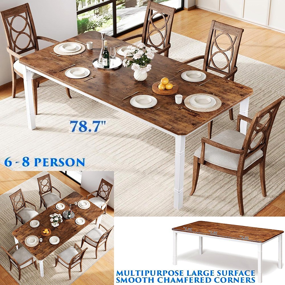 DINING TABLE FOR 6 TO 8 RECTANGULAR 78.7″ LARGE KITCHEN TABLE CHAMFERED CORNERS