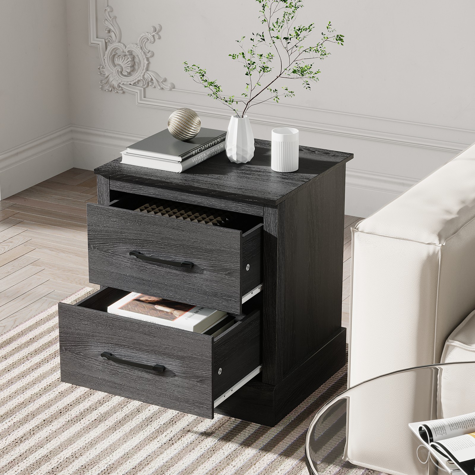2 Drawer Nightstand Bedside Table Compact Sofa End Table Dark Grey Oak