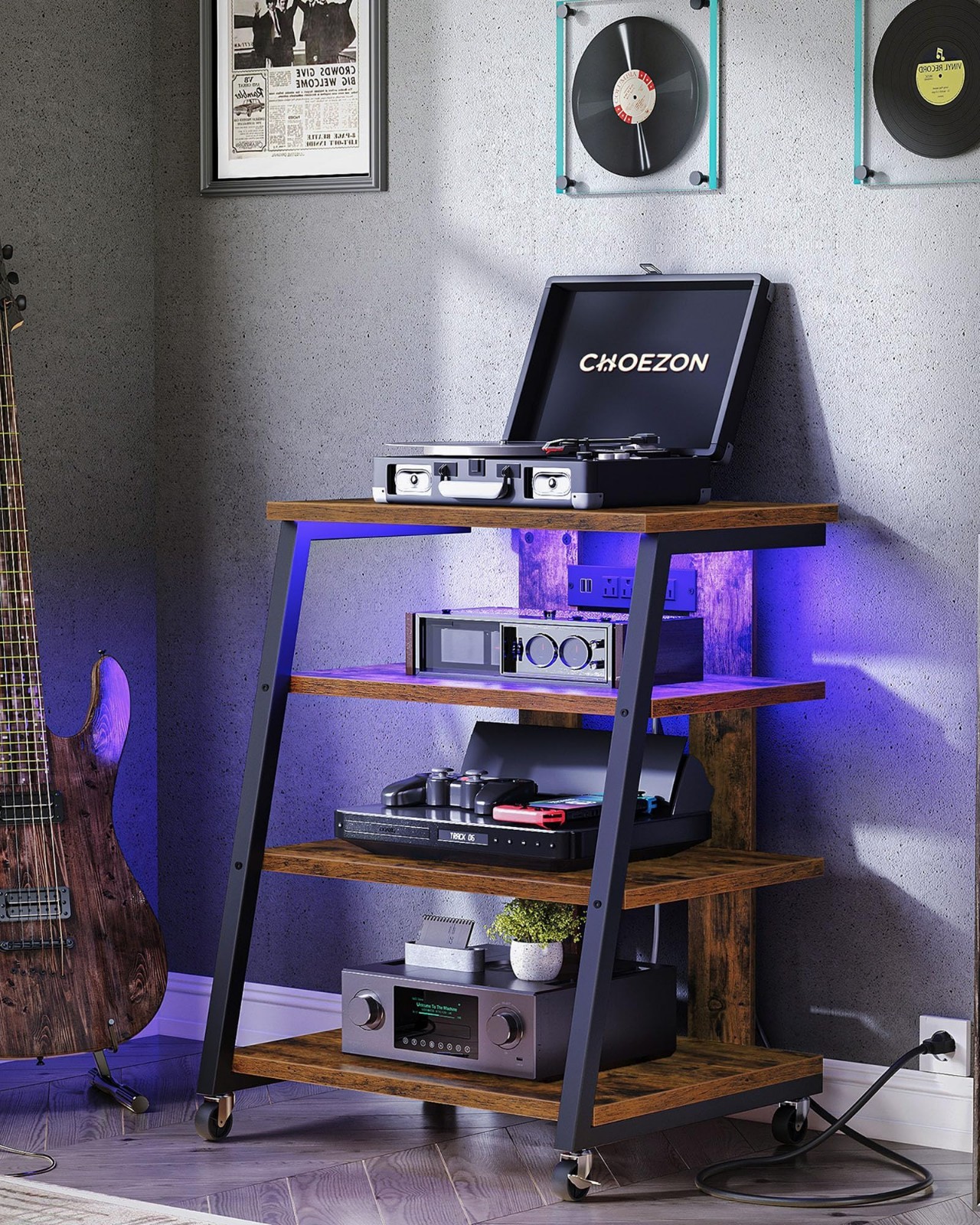 4-Tier Media Stand with Wheels, LED Lights, Power Strips, Rustic Audio Rack