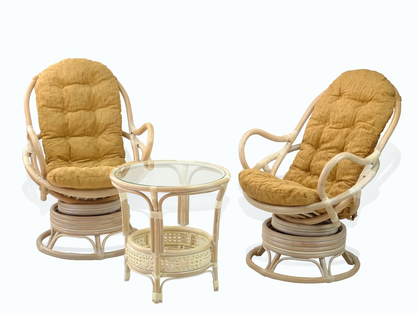 Lounge Java Set of 2 Swivel Rocking Chairs Wicker Rattan and Coffee Table,Cognac