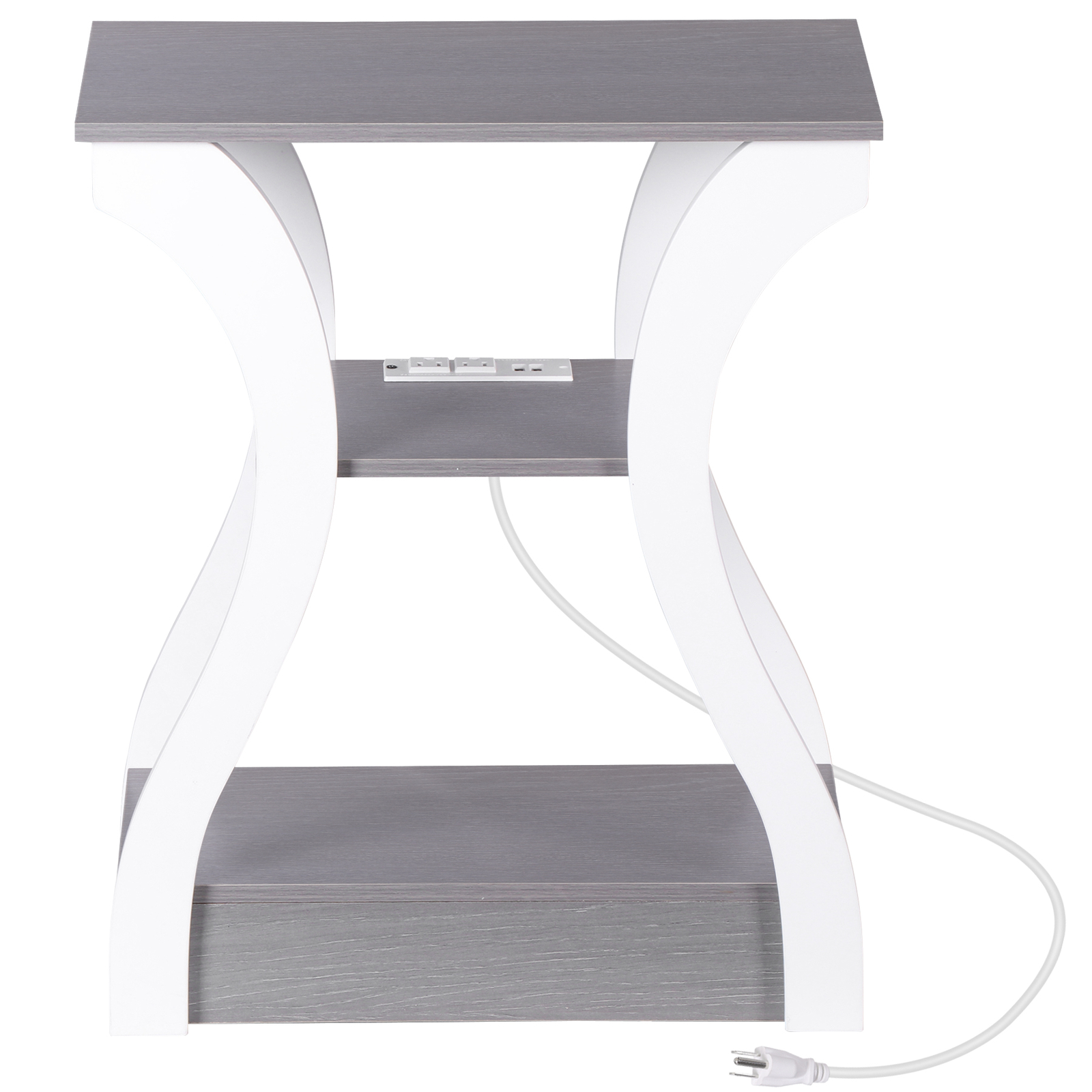 Farmhouse End Table Narrow Side Table w/Charging Station for Bedroom Grey+White