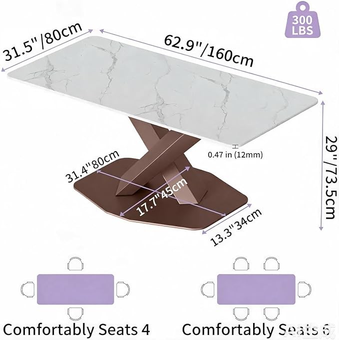 55″ Sintered Stone Dining Table 4‑6 Person White Marble Top Metal Legs No Chair