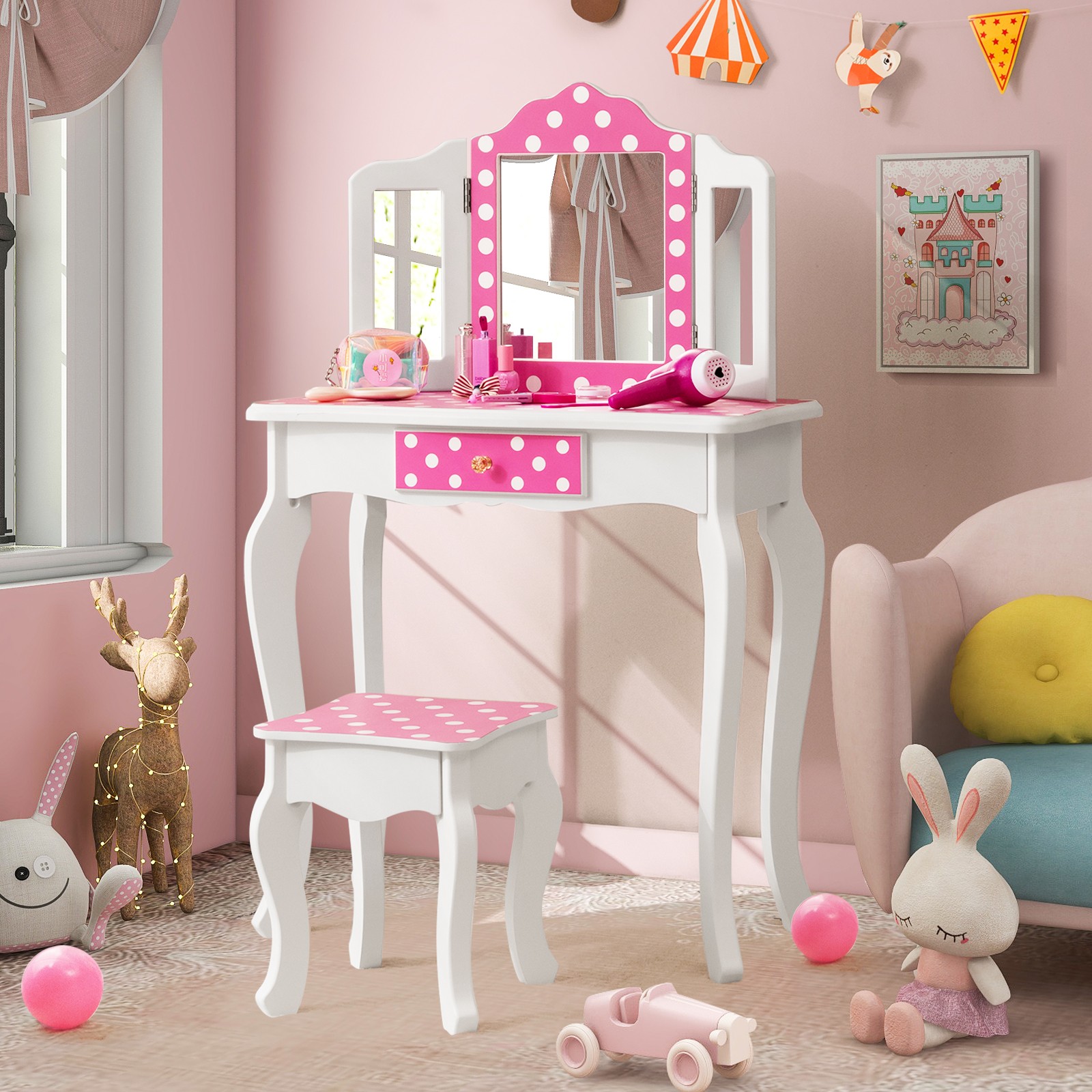 Kids Vanity Table & Stool Set Makeup Dressing Table with Cute Polka Dot Print