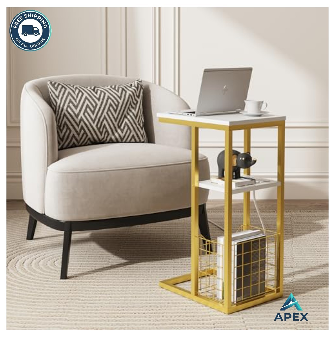 C Shape End Table with Charging Station 28 Inch Tall Side Table for Couch Small