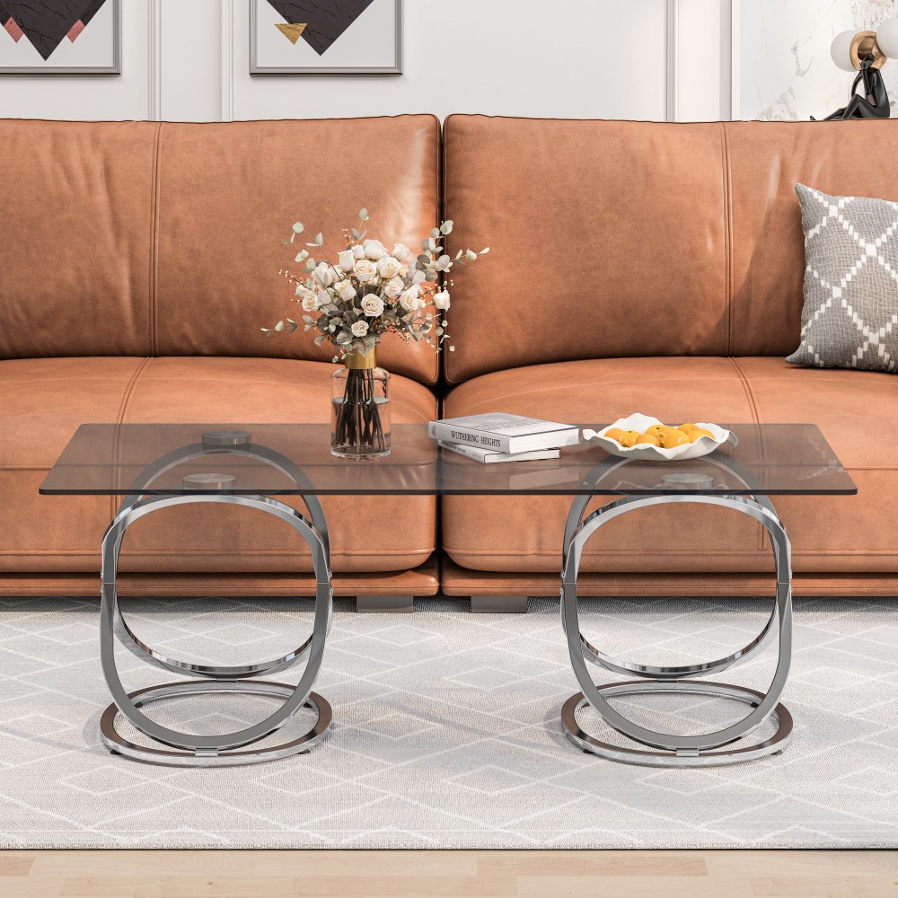 31.50” Modern Glass Coffee Table with 2 Tiers, Ring-Shaped Frames