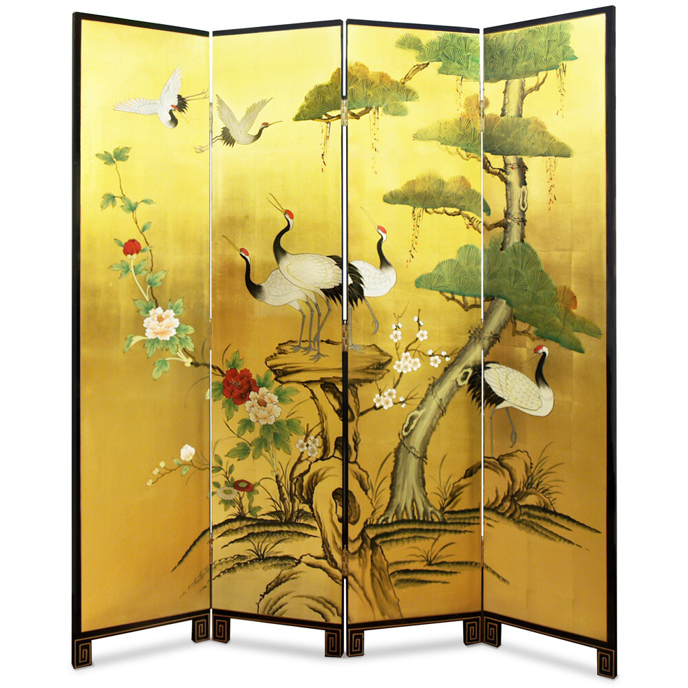 US Seller – Gold Leaf Cranes and Peony Asian Floor Screen