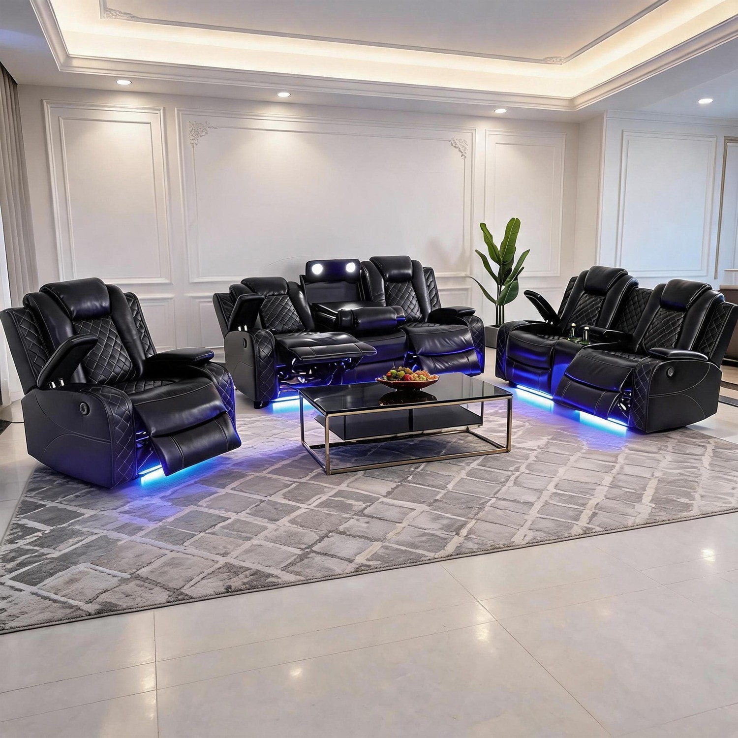 Breathable Leather Recliner Sofa Set w/LED Ambient Lighting Cup Holders&Storage