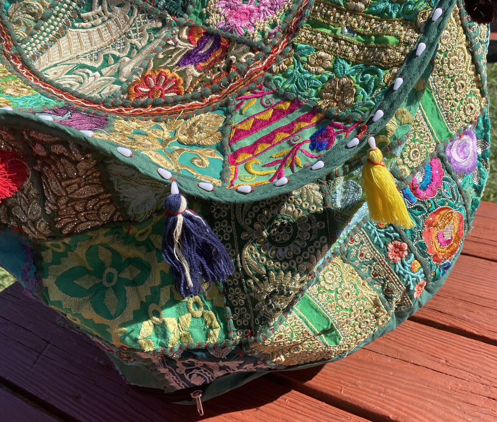 Boho Bohemian Moroccan Handmade Fringe Footstool Cover Green Patchwork NEW