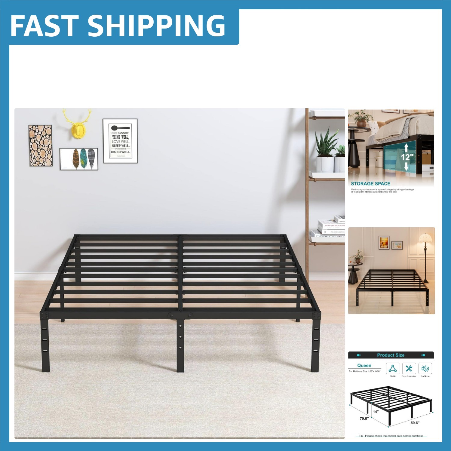 Queen Size 14 Inch Heavy Duty Bed Frame – Squeak Resistant, Supports 3000 lbs