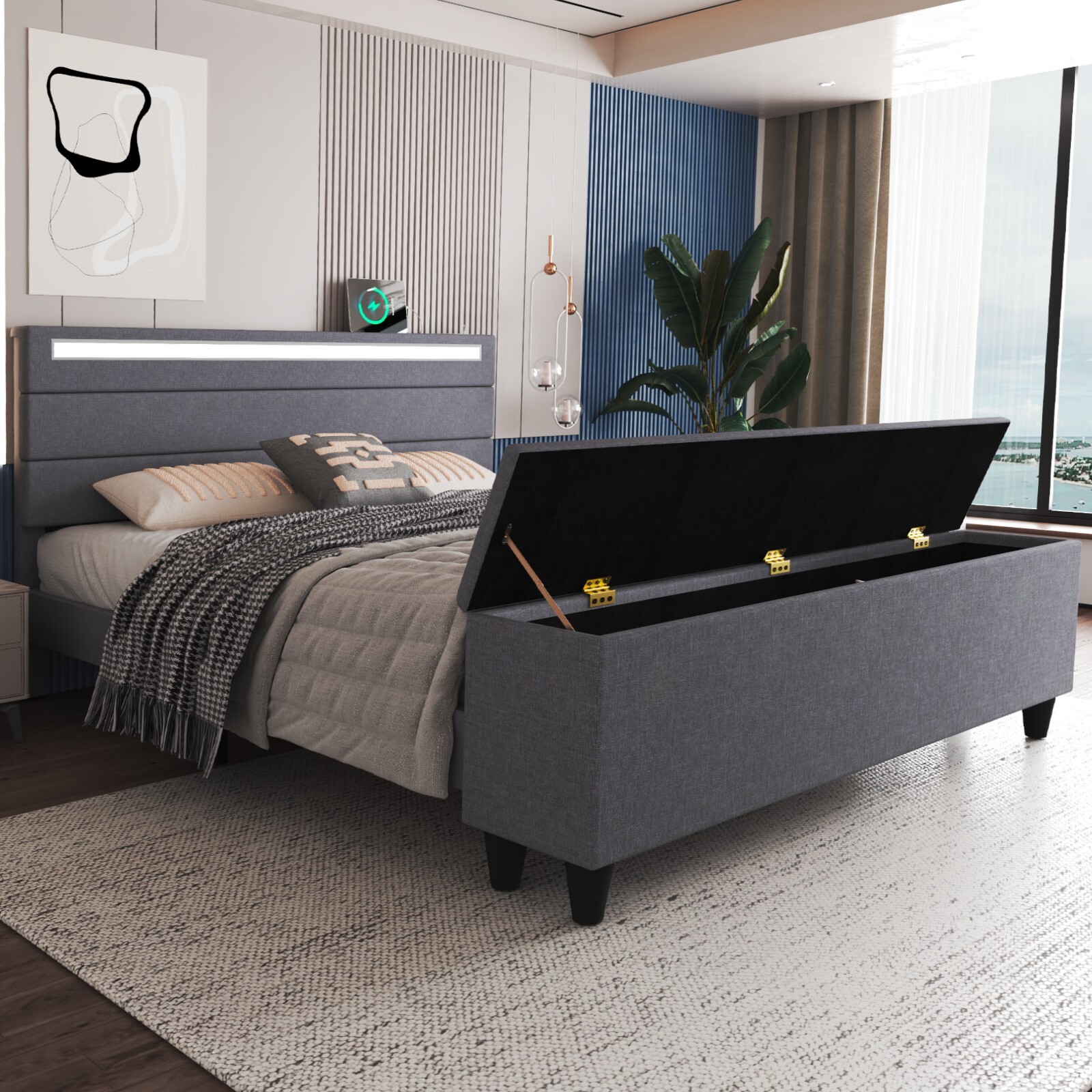 Full/Queen Size Bed Frame with Storage Upholstered Headboard with LED Lights