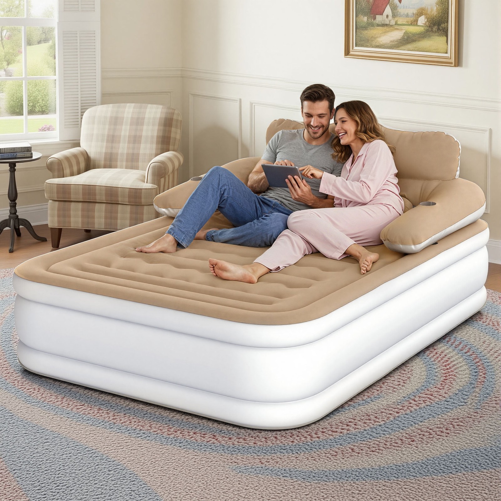 Uforic Queen Air Bed with Headboard Pillow & Pump Brown