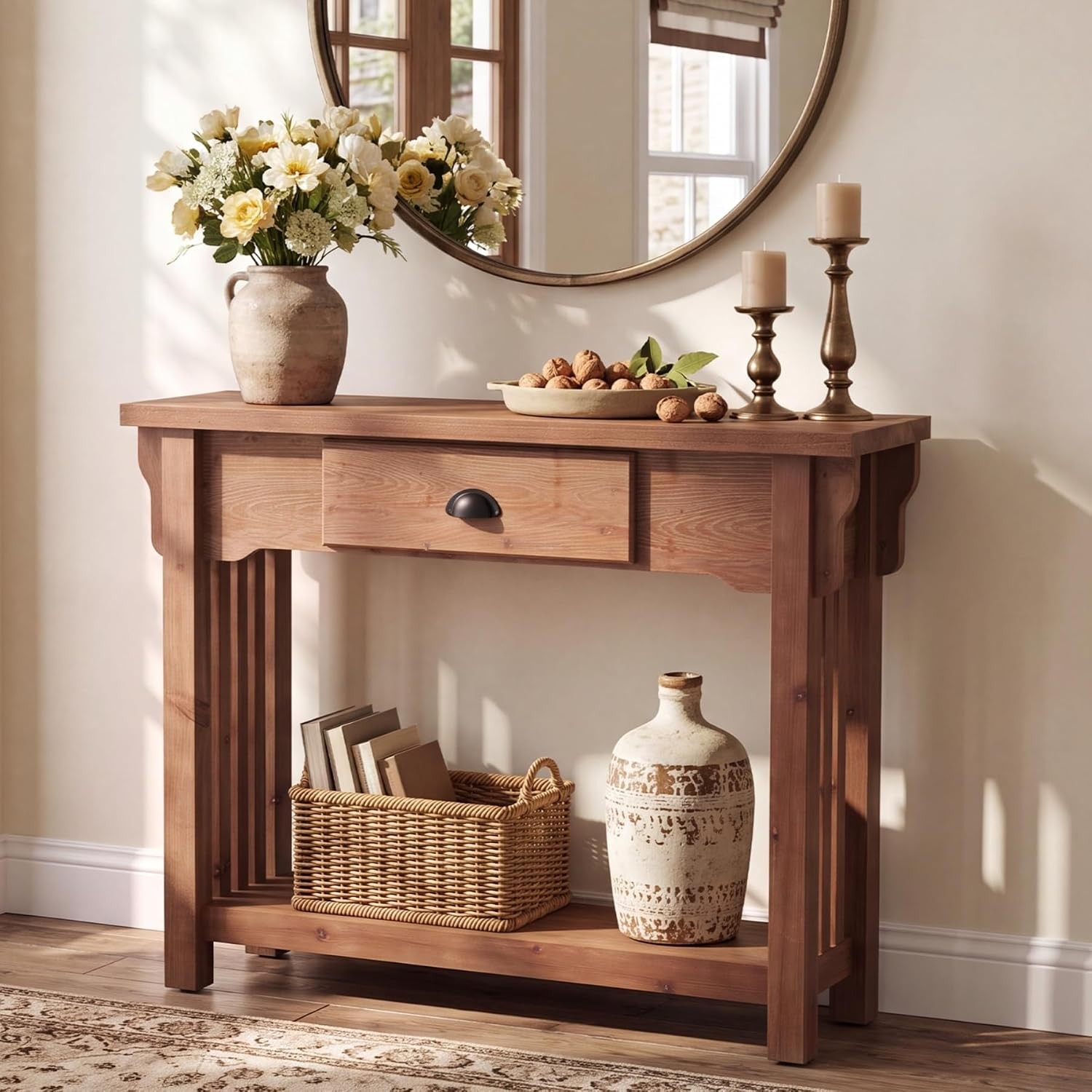 41.3″ Solid Wood Console Table with Drawer and Shelf, Narrow Entryway Sofa Table