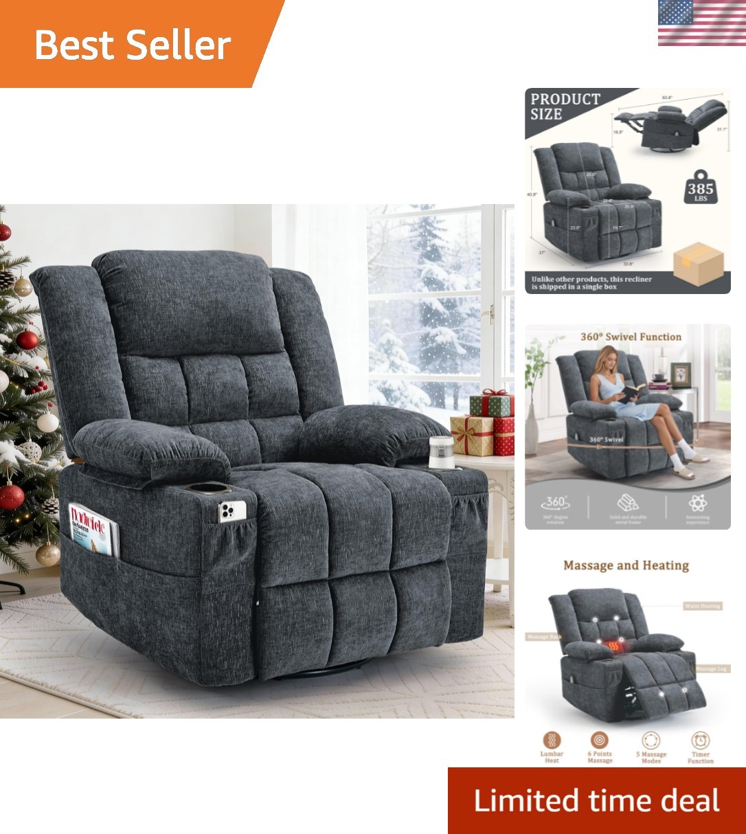 360° Swivel Rocker Recliner for Adults, Nursery Glider Recliner with Massage …