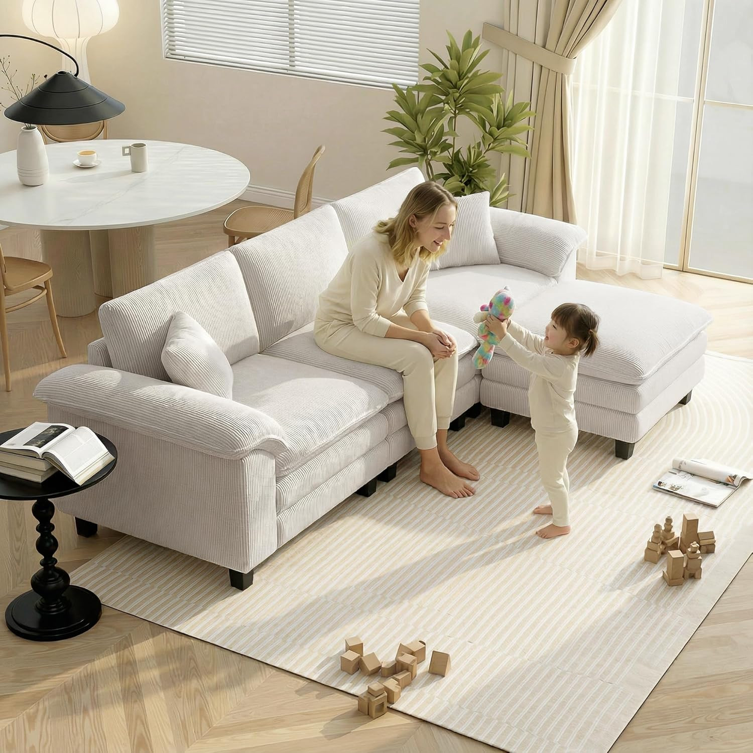 124″ L-Shped Sectionl Sof with Ottomn & Pillow-Top rmrests, Beige