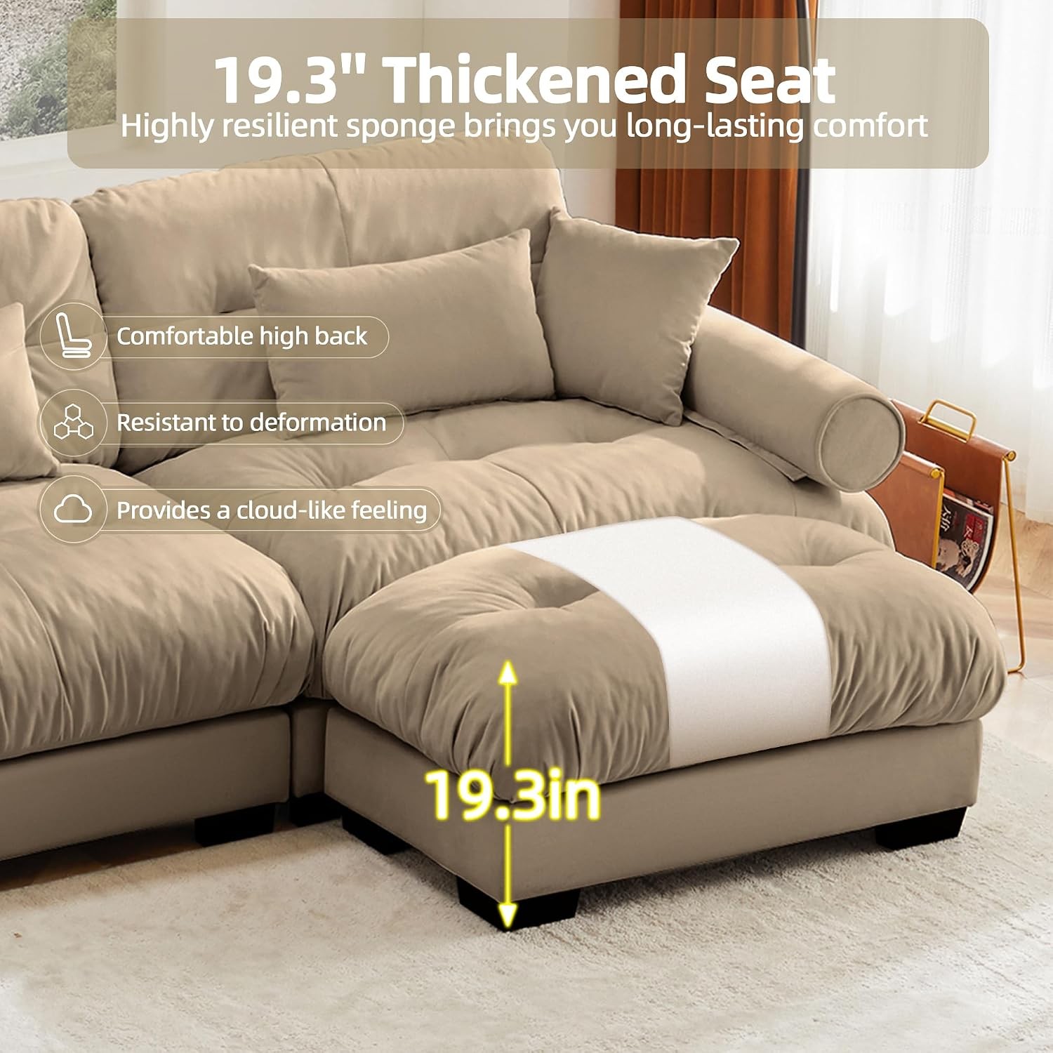 130″ Oversized L-Shape Modular Cloud Couch with Chaise & Round Bolster Armrests