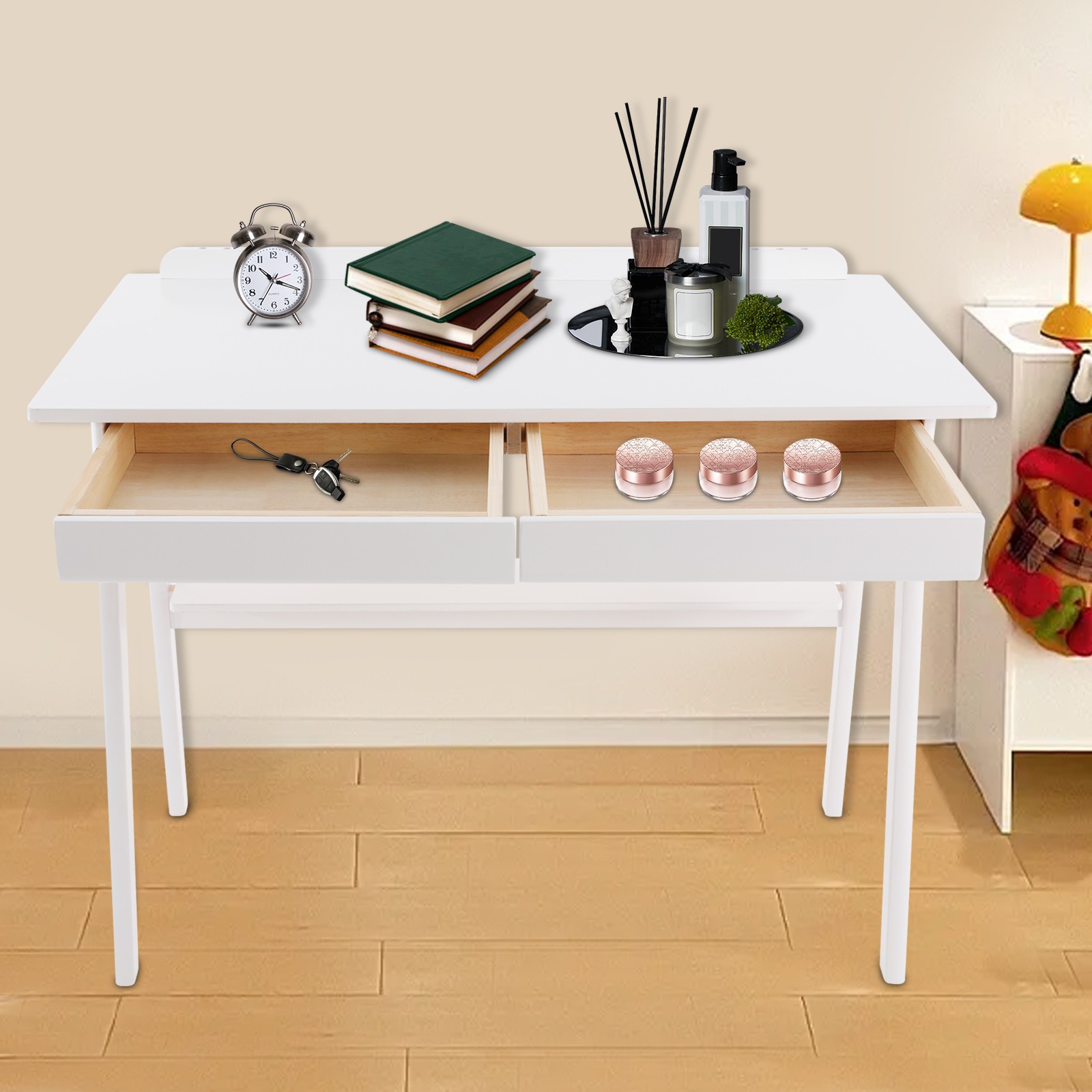 White Folding Desk For Home Office 100x60cm With Storage Shelf And Hooks