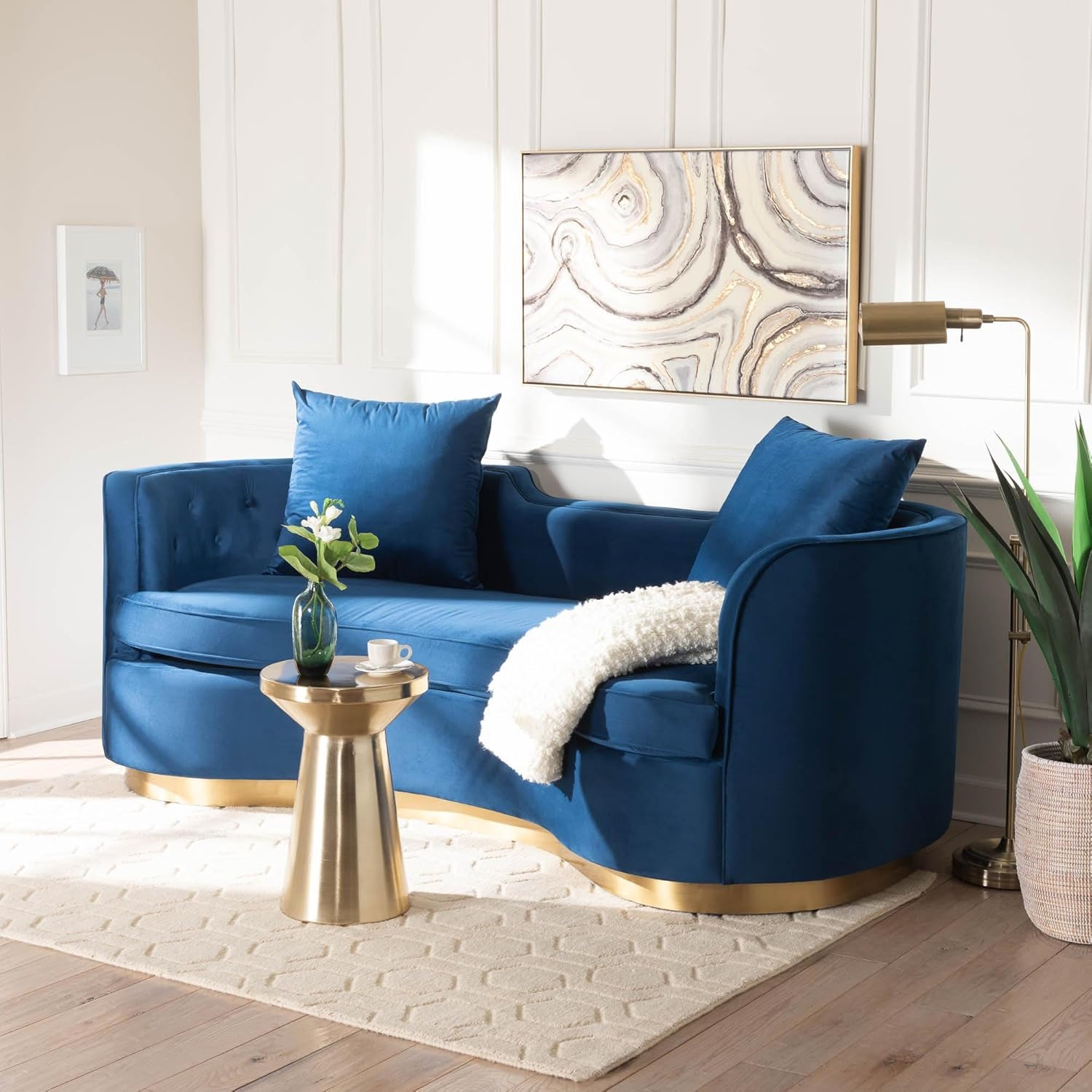 Navy Blue Velvet Sofa with Brushed Gold Metal Legs – Glam & Luxe Design