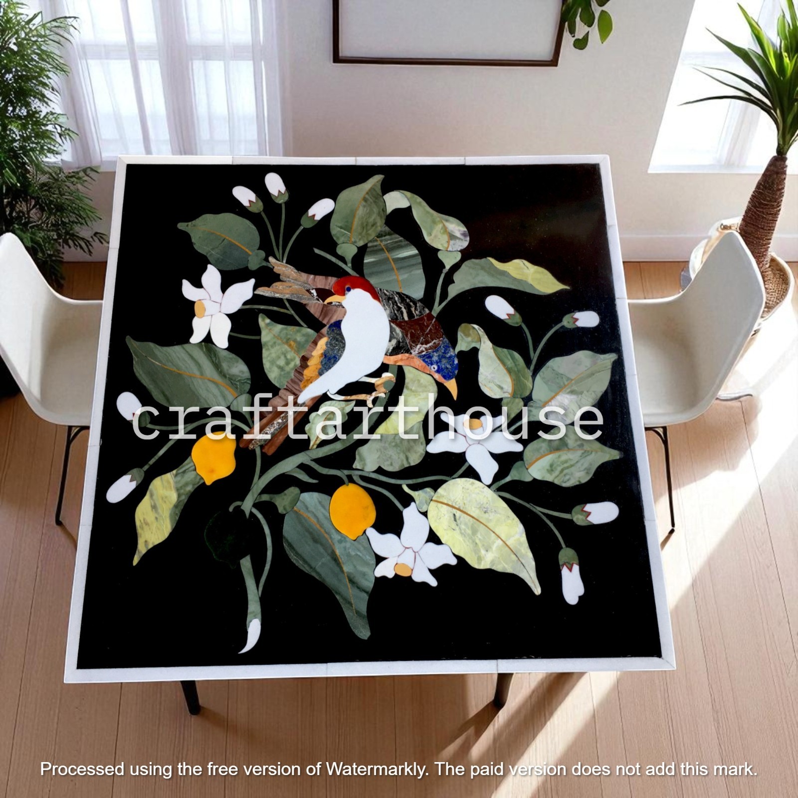 Black Marble Square Coffee Top Table – Handcrafted Floral Bird Design & Home Dec