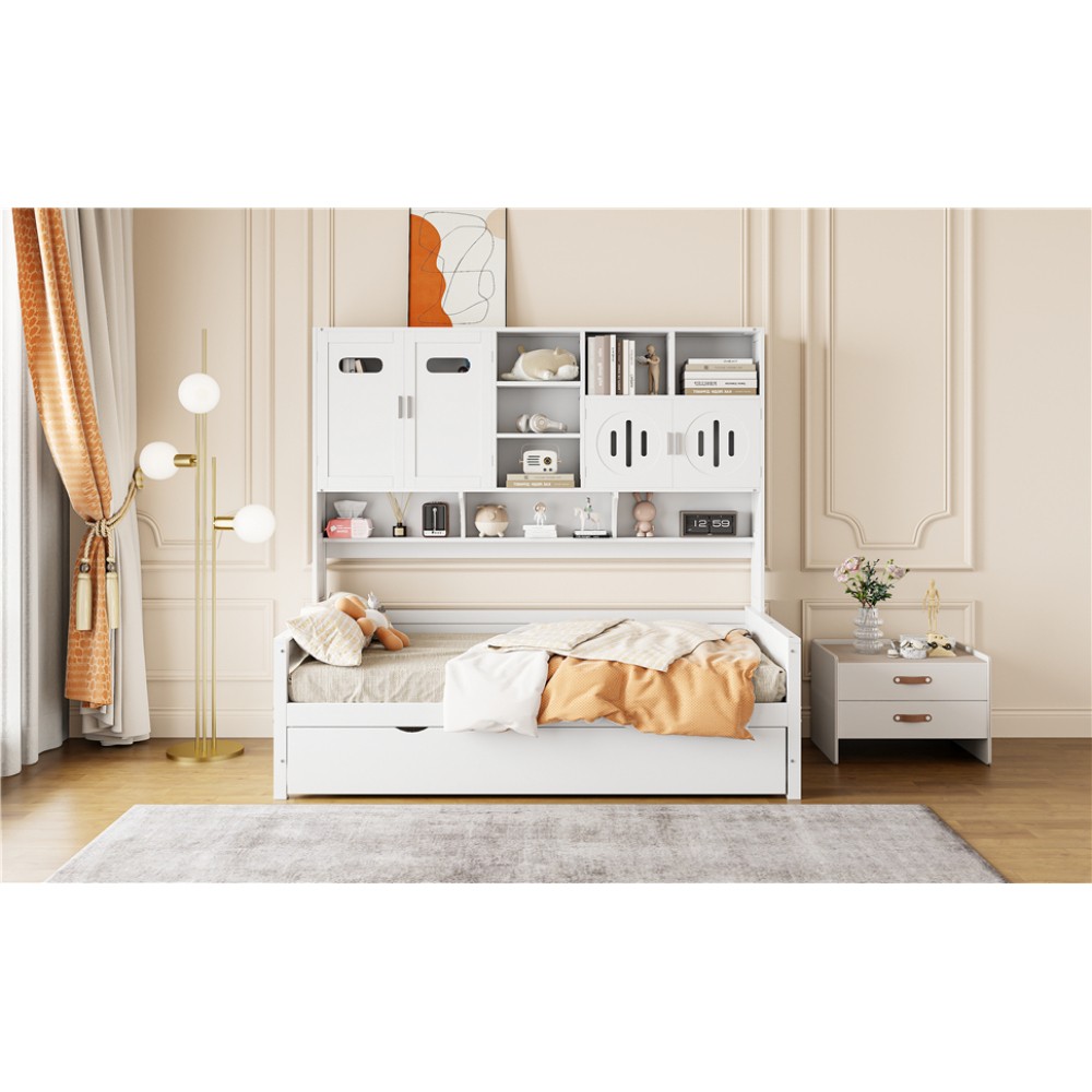 Twin Size Wooden Daybed with Twin Trundle Cabinet Shelf Storage