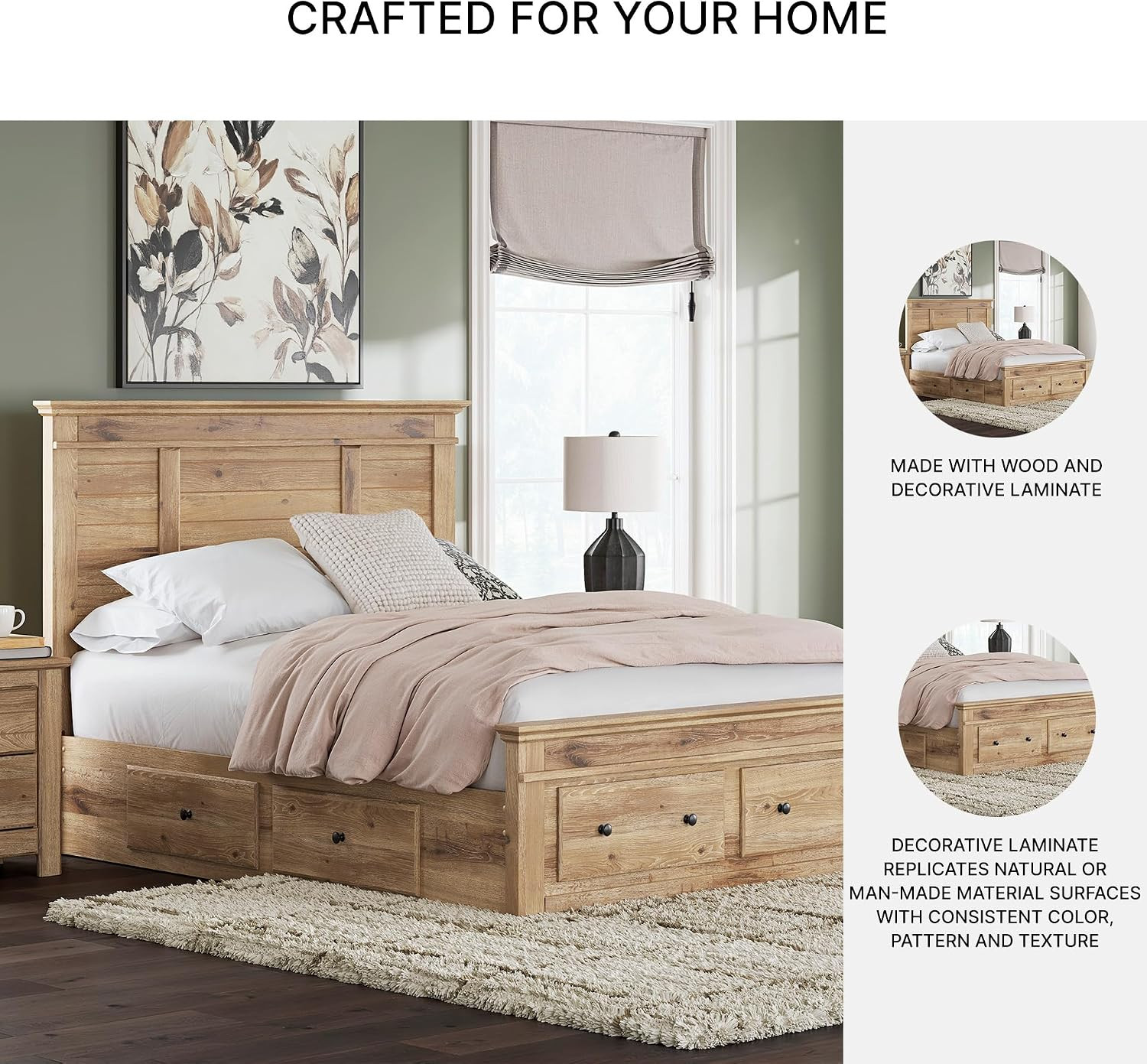 Ashley Fenderport Queen Bed Frame with Headboard & Storage Drawers, Natural Brow
