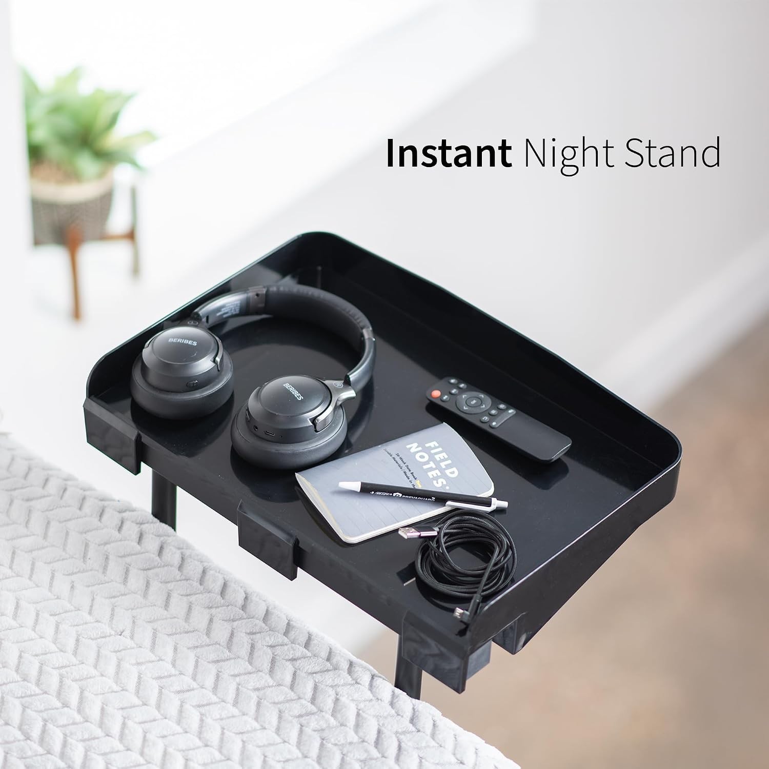 Compact 17-Inch Bedside Shelf for Laptops & Drinks: Space-Saving Design in Black