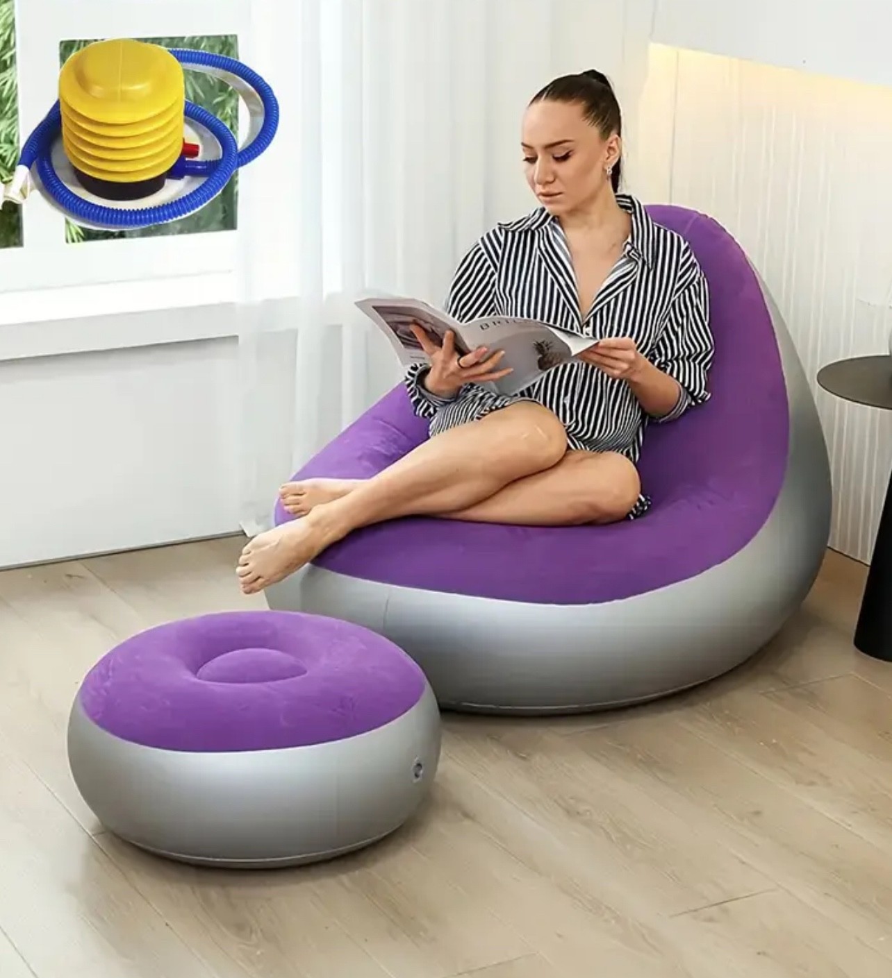 An inflatable bean bag chair combines the relaxed comfort of a bean bag