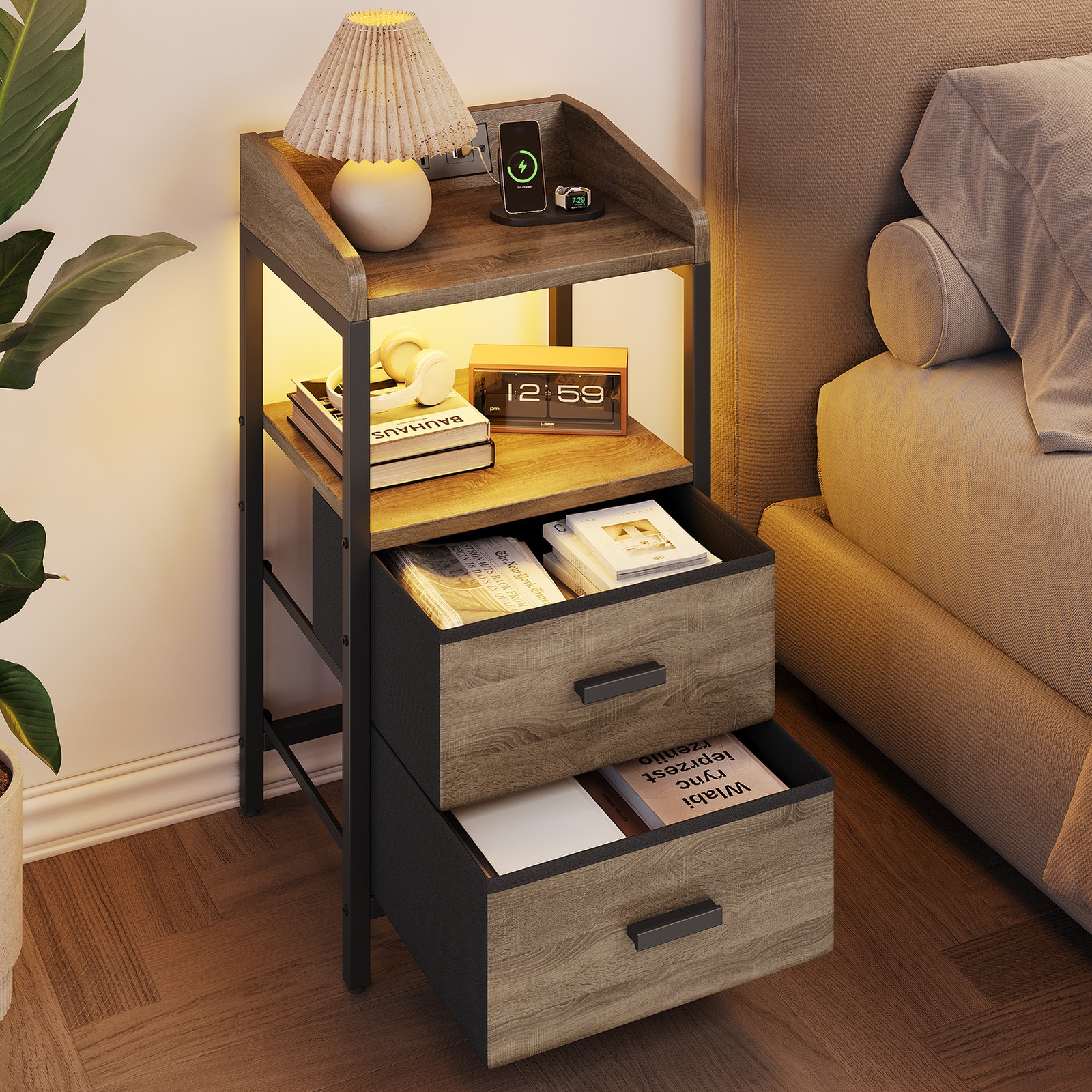 Nightstand with Charging Station, 2 Fabric Drawers, Guardrail, Ivory NEW