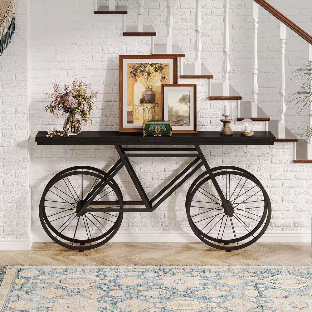 70.9 In. Black Rectangle Wood Console Table with Bicycle Metal Base, Narrow Sofa