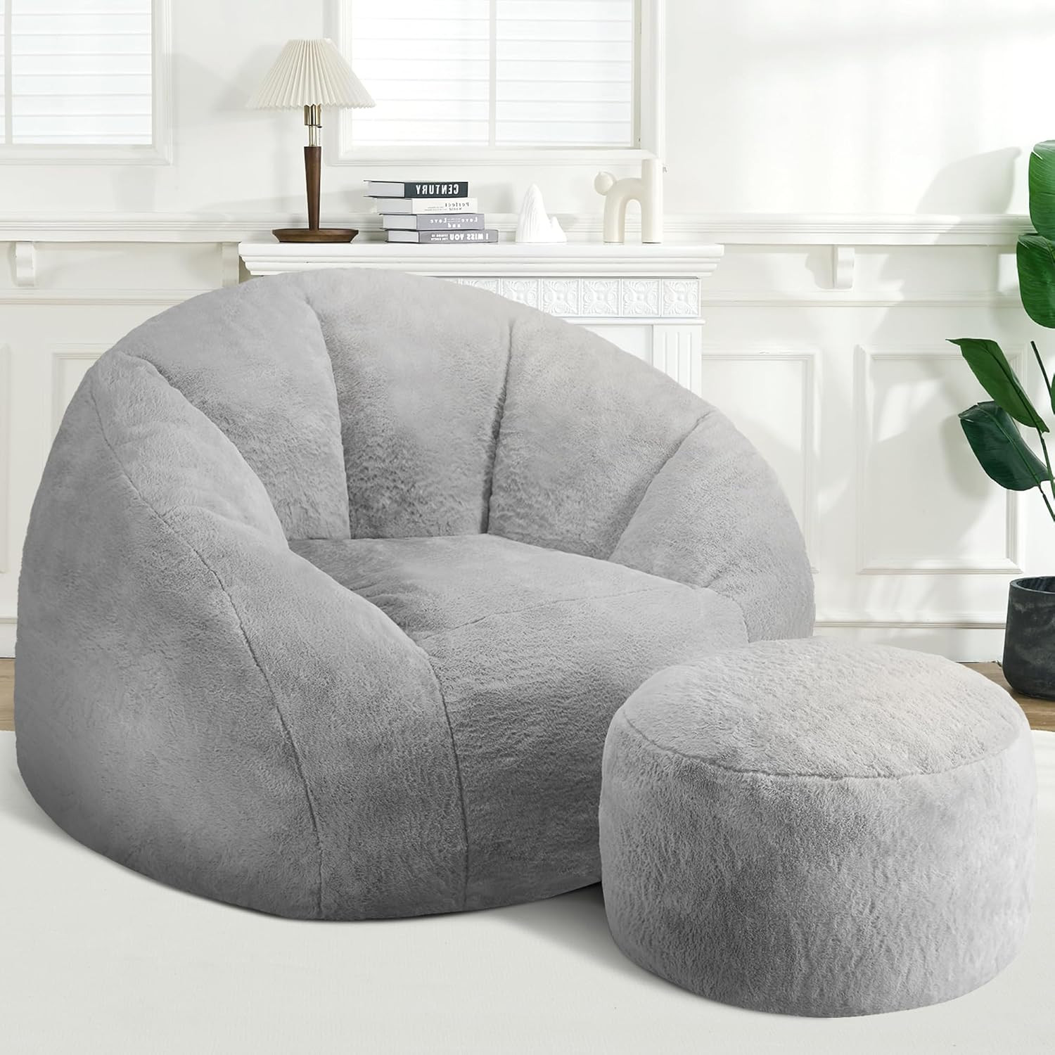 Bean Bag Chair, Oversized Shell-Shaped Bean Bag Couch with Ottoman, Giant Beanba