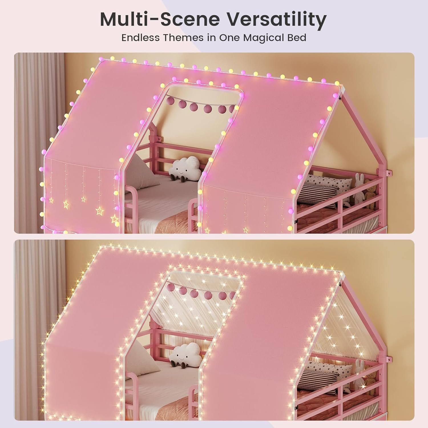 Bunk Bed Twin Over Twin with Play Curtain, House Bunk Bed with LED Lights, Metal